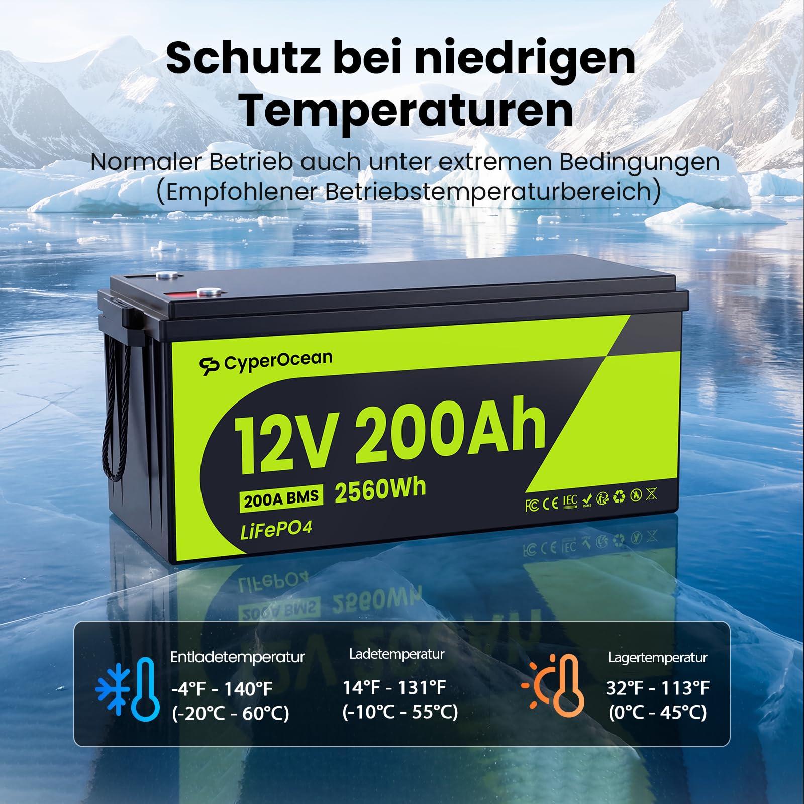 LiFePO4 Batterie 12V 200Ah,Lithium Batterie 2560Wh mit 200A BMS Low-Temp Schutz und Max. 15000 Zyklens, Autobatterie für Wohnmobil,Solaranlage Komplettset,Boot