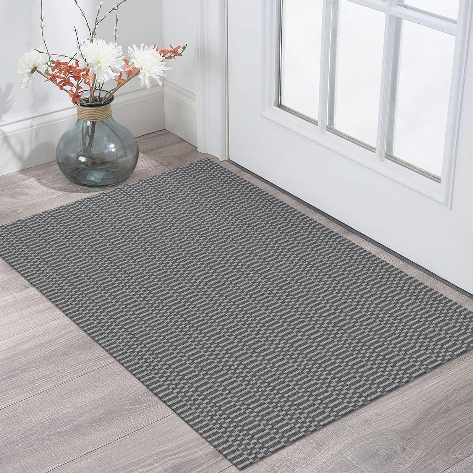 KOZYFLY Washable Area Rug 2x3 Ft Small Entryway Rug Indoor Door Mat Throw Rugs with Rubber Backing, Braided Cotton Floor Carpet for Front Entrance Bathroom Kitchen Foyer, Grey/Charcoal Grey โ image 1