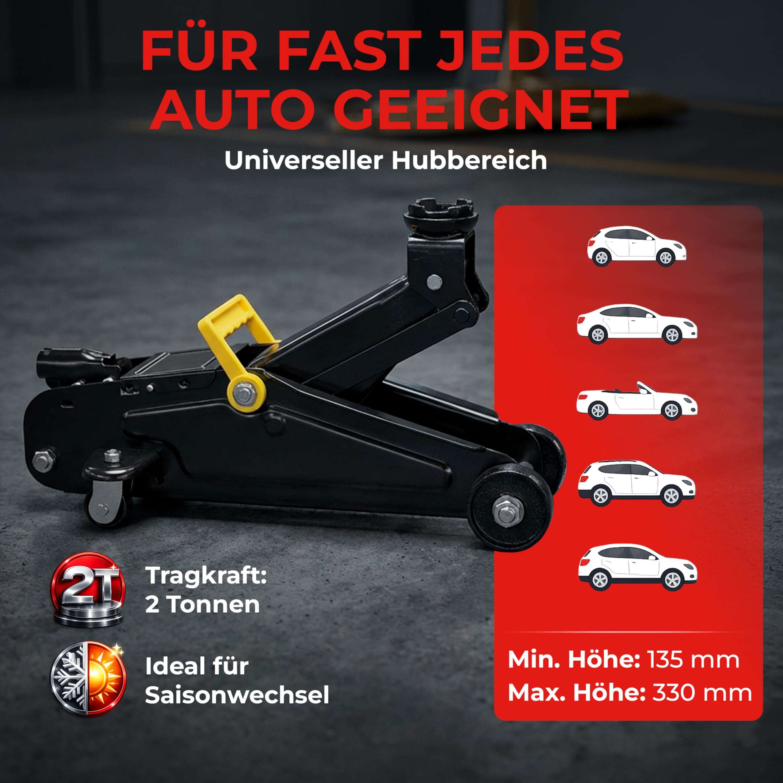 DEUBA® 2t Wagenheber hydraulisch 135-330mm Set inkl. Gummiauflage Drehmomentschlüssel 6tlg. 1/2' 40-210Nm Koffer KFZ Auto Rangierwagenheber Hydraulik