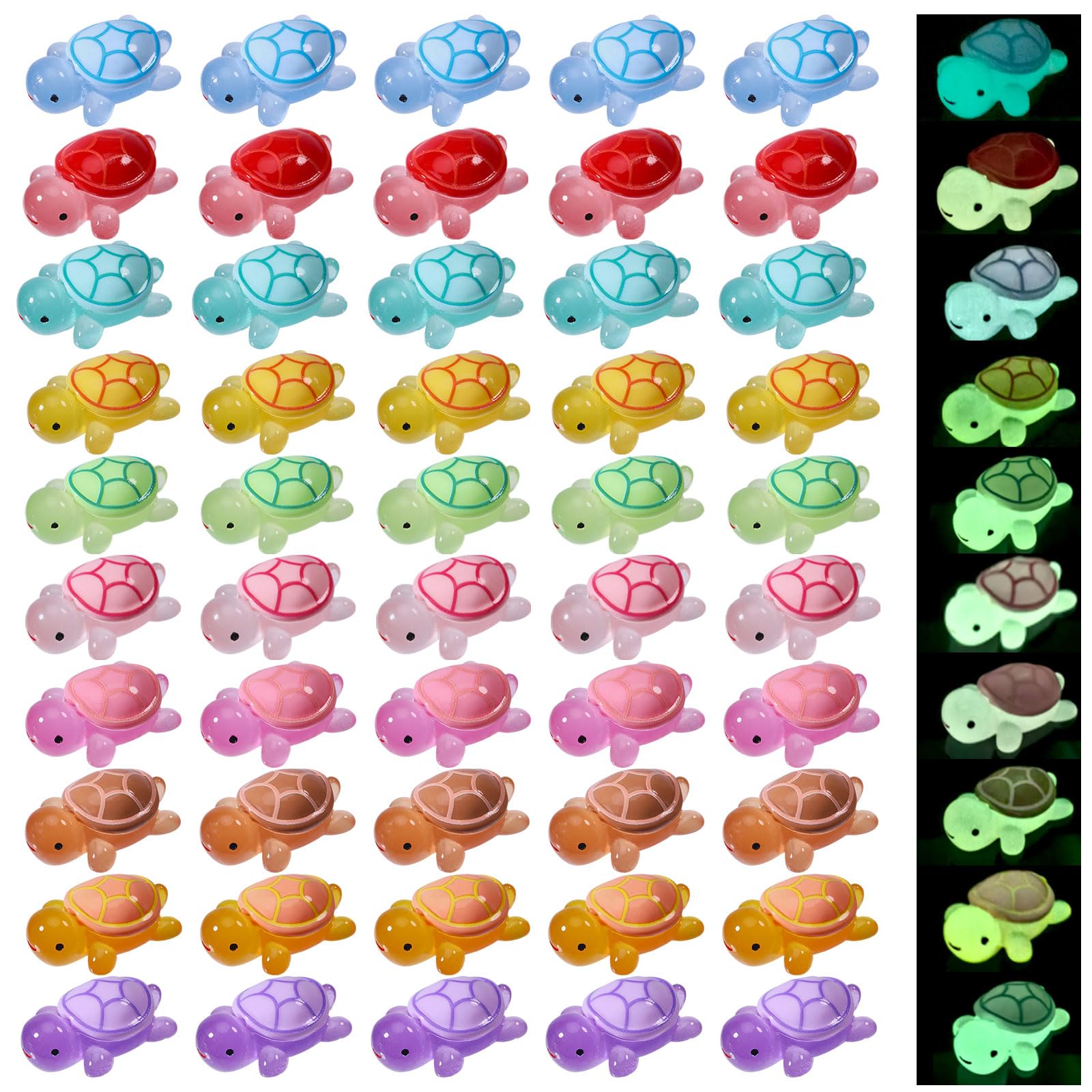 FREEBLOSS 50Pcs Luminous Mini Turtles Medium Glow in The Dark 3D Resin Turtles Resin Animals Figurine 5 Colors Turtle Decorations Plastic Animals Miniature Turtles to Hide