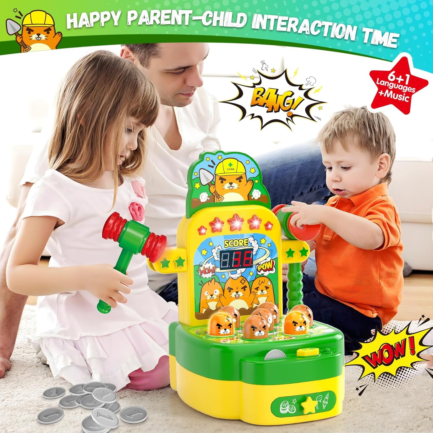 Mole Whack Spiel für Kinder ab 3 Jahre, Whack Spiel mit 2 Hämmern, Hau-den-Maulwurf-Spiel Interaktives Musik Spielzeug Elektronische Spiele zur Förderung der Motorik, Entwicklungsspielzeug