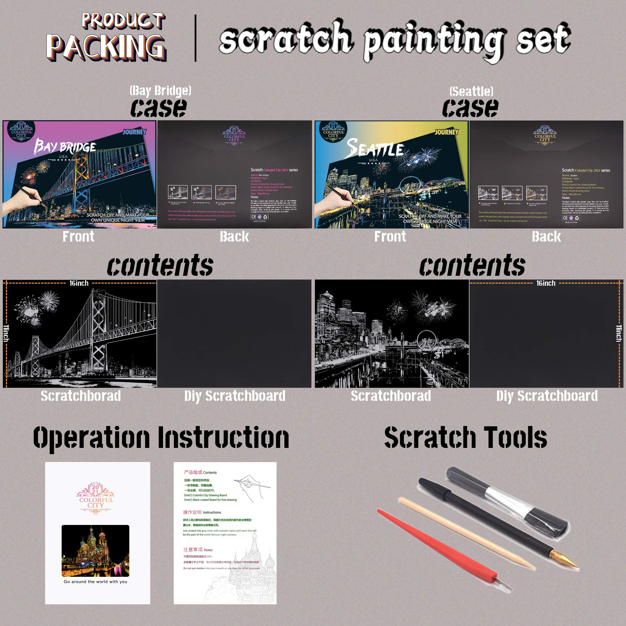 DESINIK Scratch Painting Kits for Adults Rainbow Painting Art Paper World Famous City DIY Night View Scratchboard for Adults with 4 Tools,Size 11.2''x16'' (Seattle) - Image 4