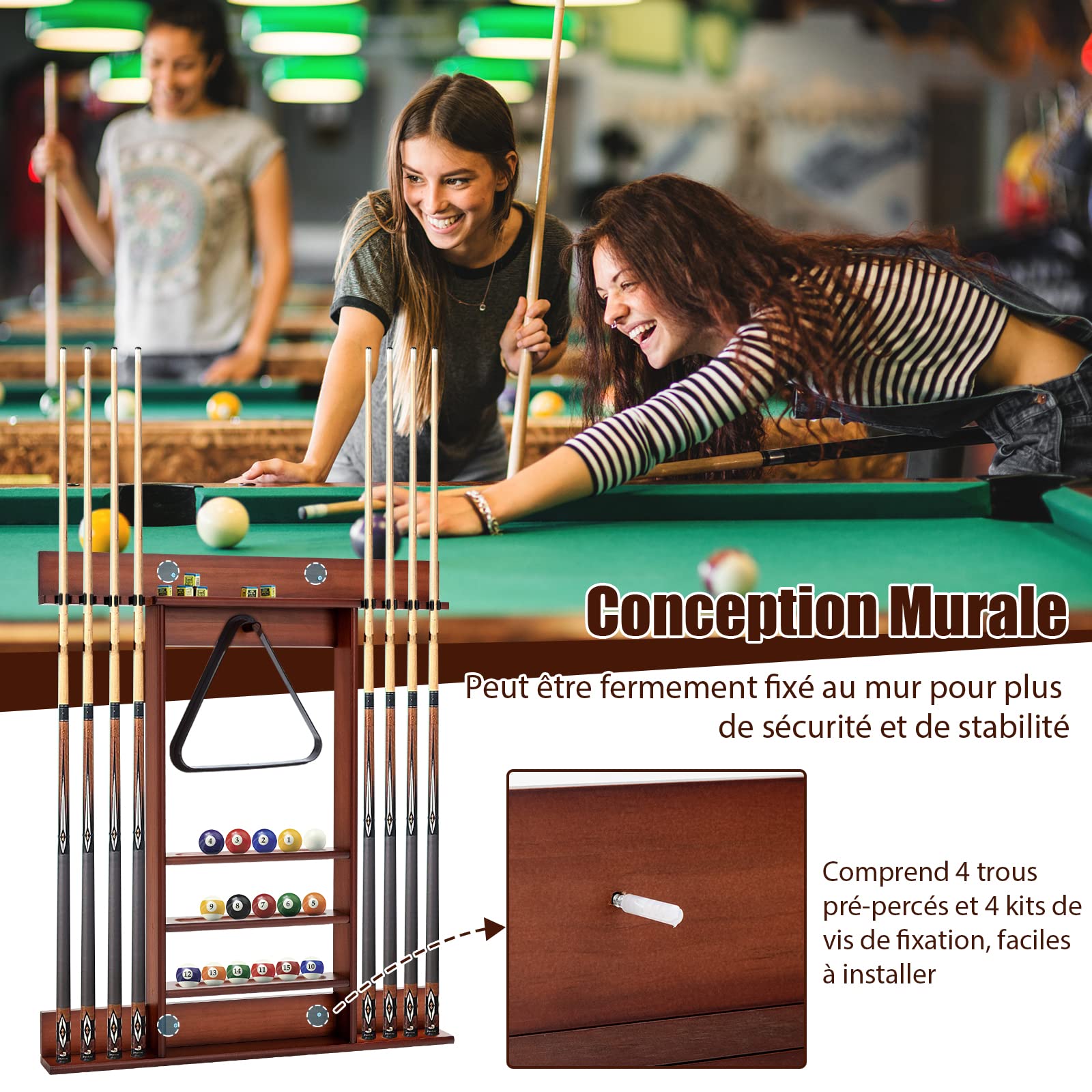 GOPLUS Support pour Queues de Billard en Bois de Pin, Porte-queue 8 Queues, Support Mural, Brun
