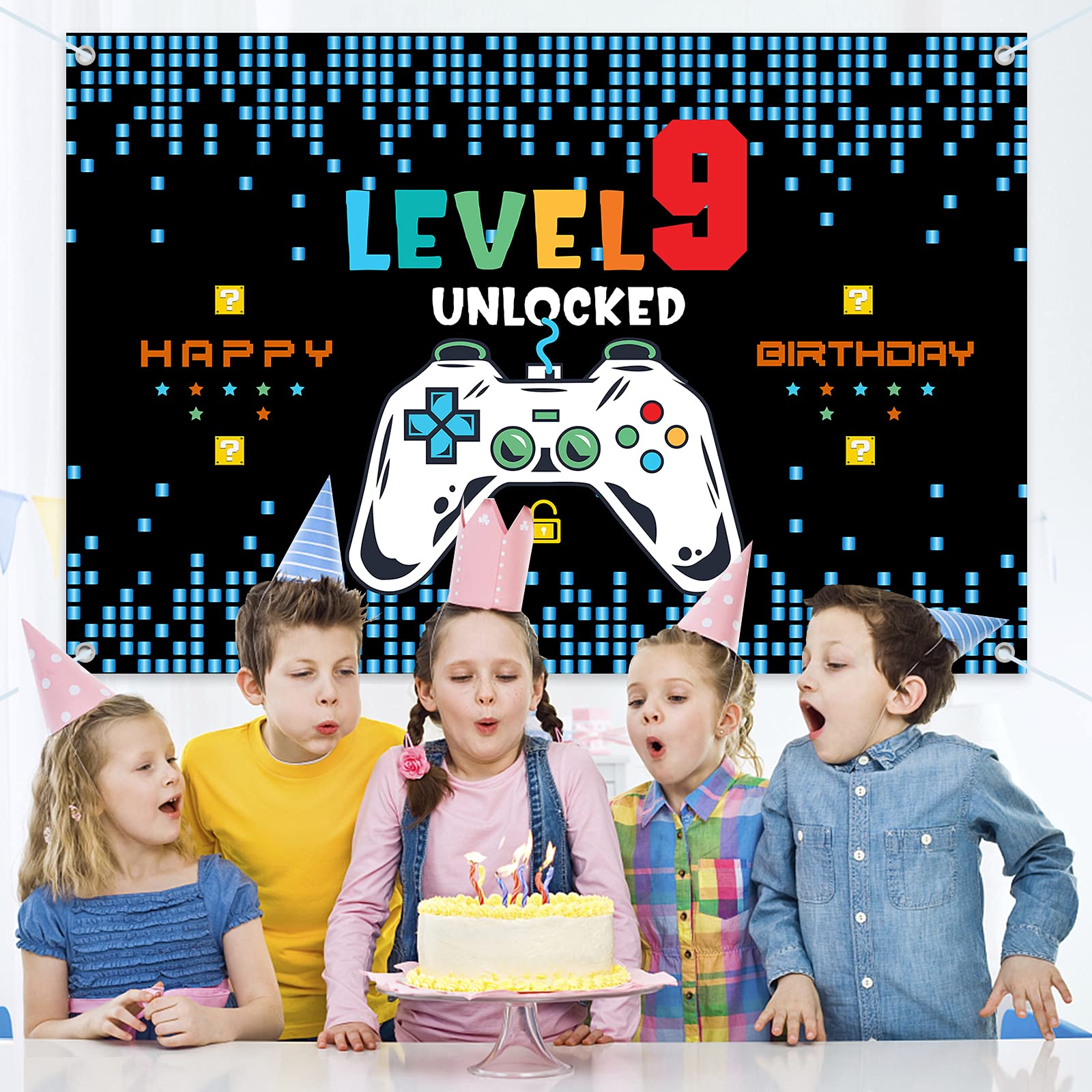 HAMIGAR Baner z napisem "Happy 9th Birthday" 1,8 x 1,2 m – poziom 9 odblokowane dekoracje urodzinowe artykuły imprezowe dla chłopców – niebieskie