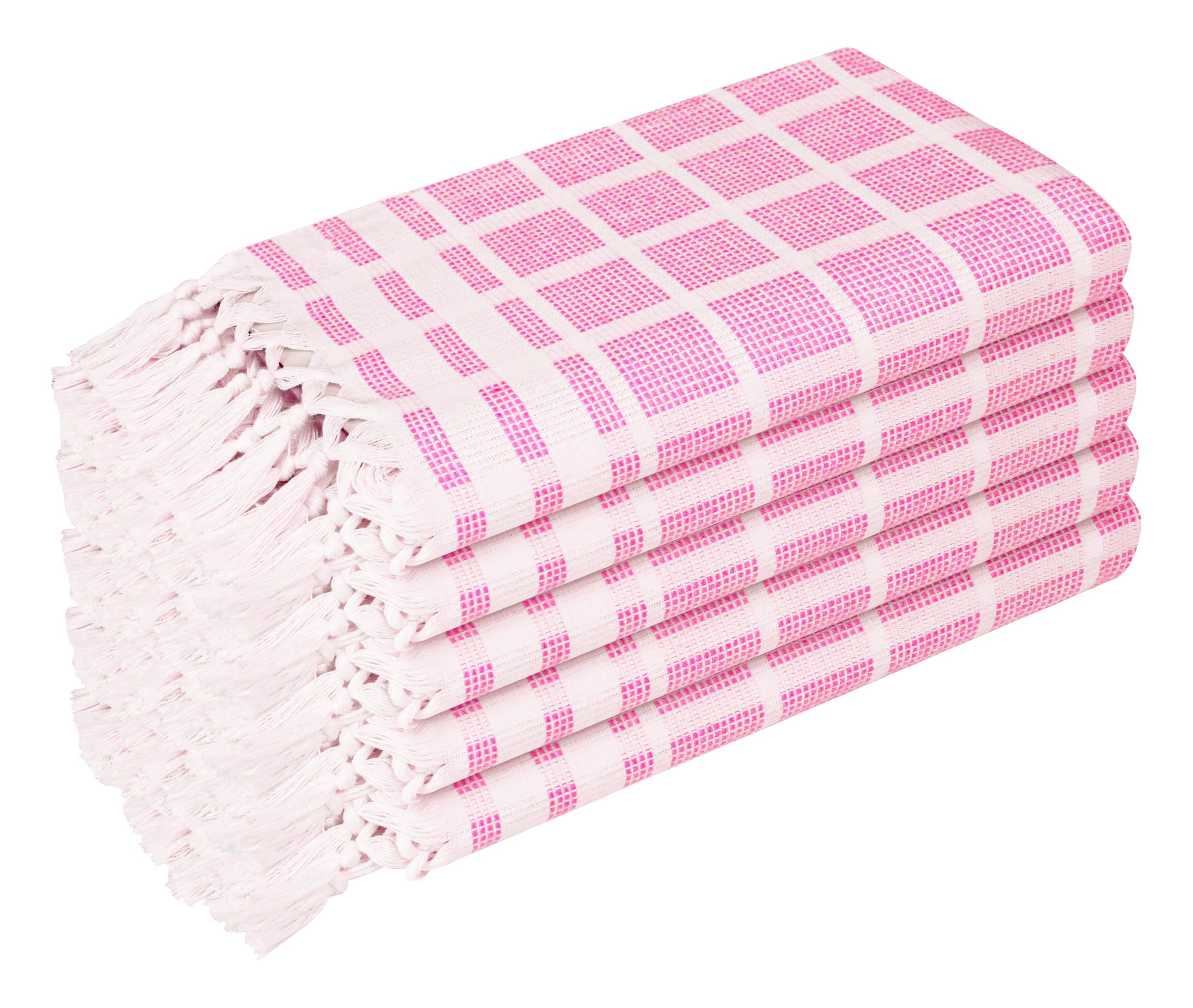 HEIRLOOM COMFORT Rose and Natural Dotted Matrix Kitchen Towels 5 Pack, 40x66 cm, 100% Cotton, Decorative Tassels, Absorbent & Quick Dry Dish Towels for Home Use