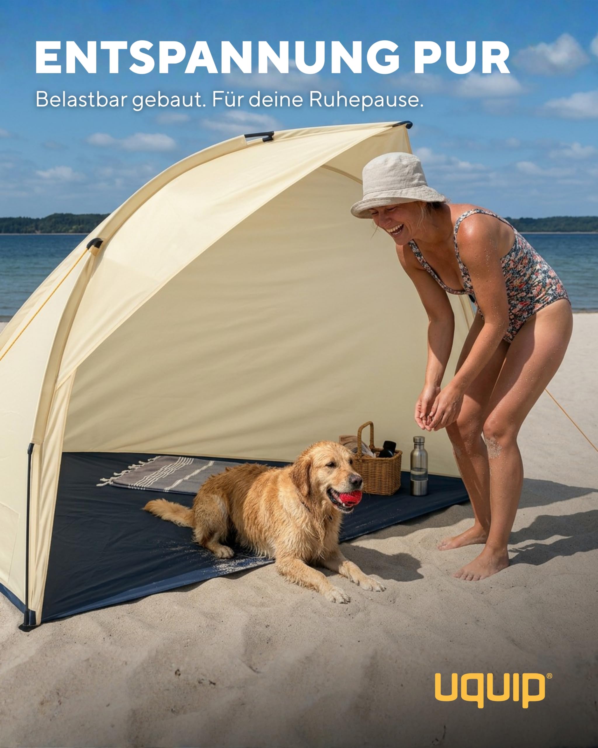 Uquip Strandmuschel Shelly Sand I 165 x 140 x 120 cm I UPF 50+ Strandzelt zum Schutz vor Sonne, Wind & Regen I tragbares Beach Zelt I ideal für Strand, Camping & Picknick