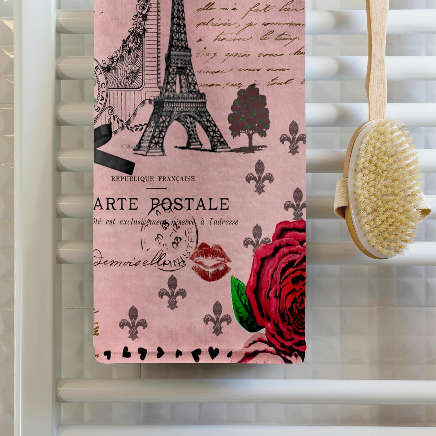 3dRose Stylish Vintage Pink Paris Collage Art - Eiffel Tower - Red Rose - Girly Gothic Black Bow and Swirls 22x30 Bath Hand Pool Towel