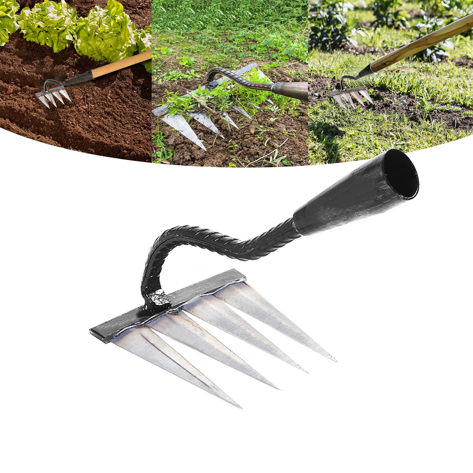 Garden Rake, Gardening Tools Heavy Duty with 4 Metal Tines, Sharp Durable Garden Weeding Tools, All Steel Hardened Hoe Hand Rake for Backyard Lawn Loosening Planting Weeding (4 Tines)
