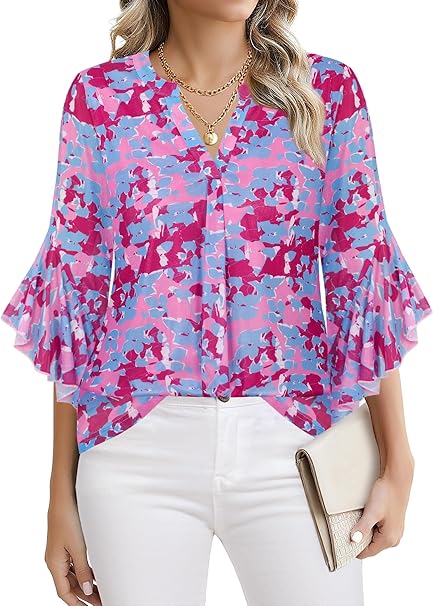 Ninedaily Womens Tops 3/4 Sleeve Dressy Casual Blouses Double Layers V Neck Shirt