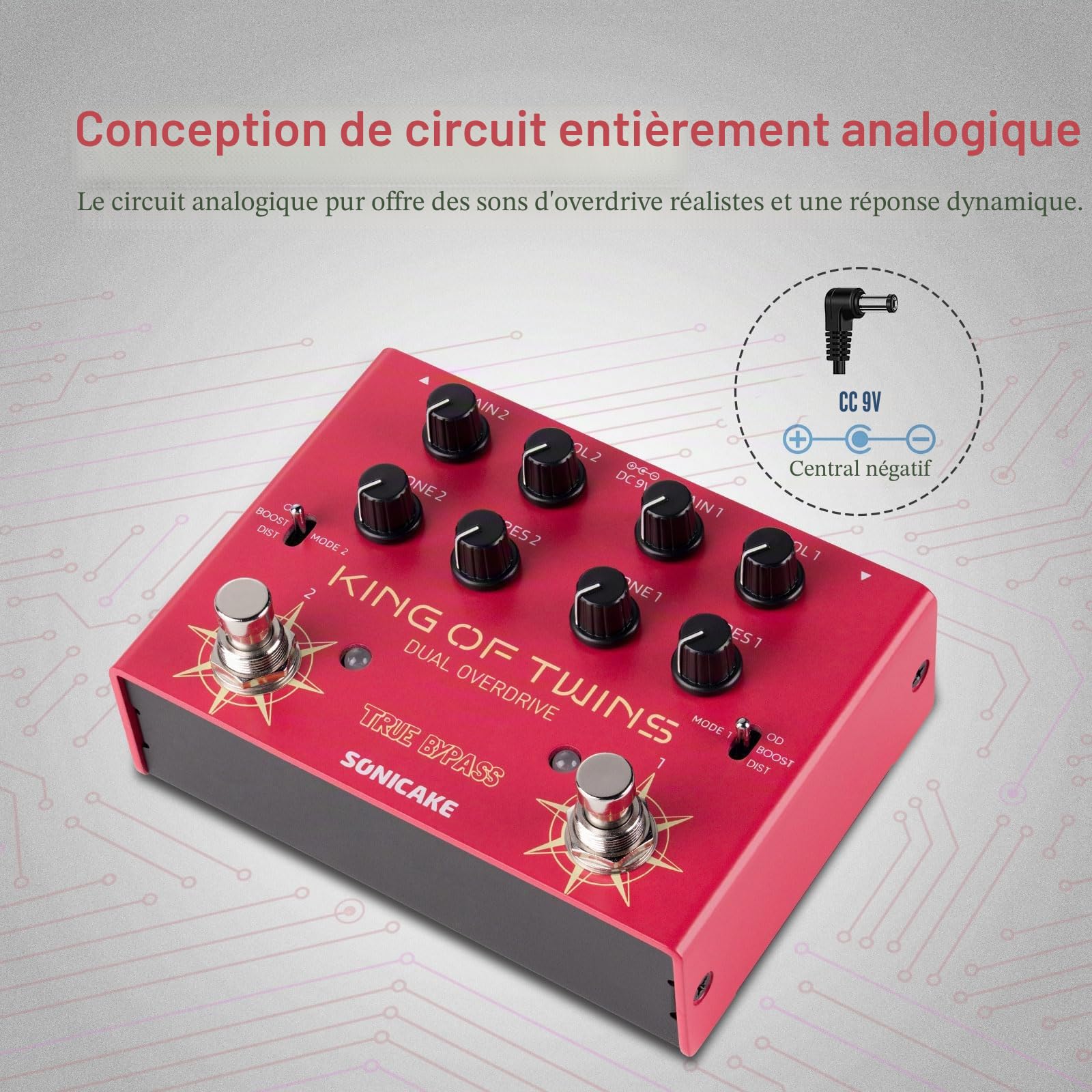 SONICAKE Pédale Overdrive Double Canal Overdrive/Boost/Distortion 3 Modes Circuit Pure Analogique True Bypass 4 Potards par Canal QDS-08