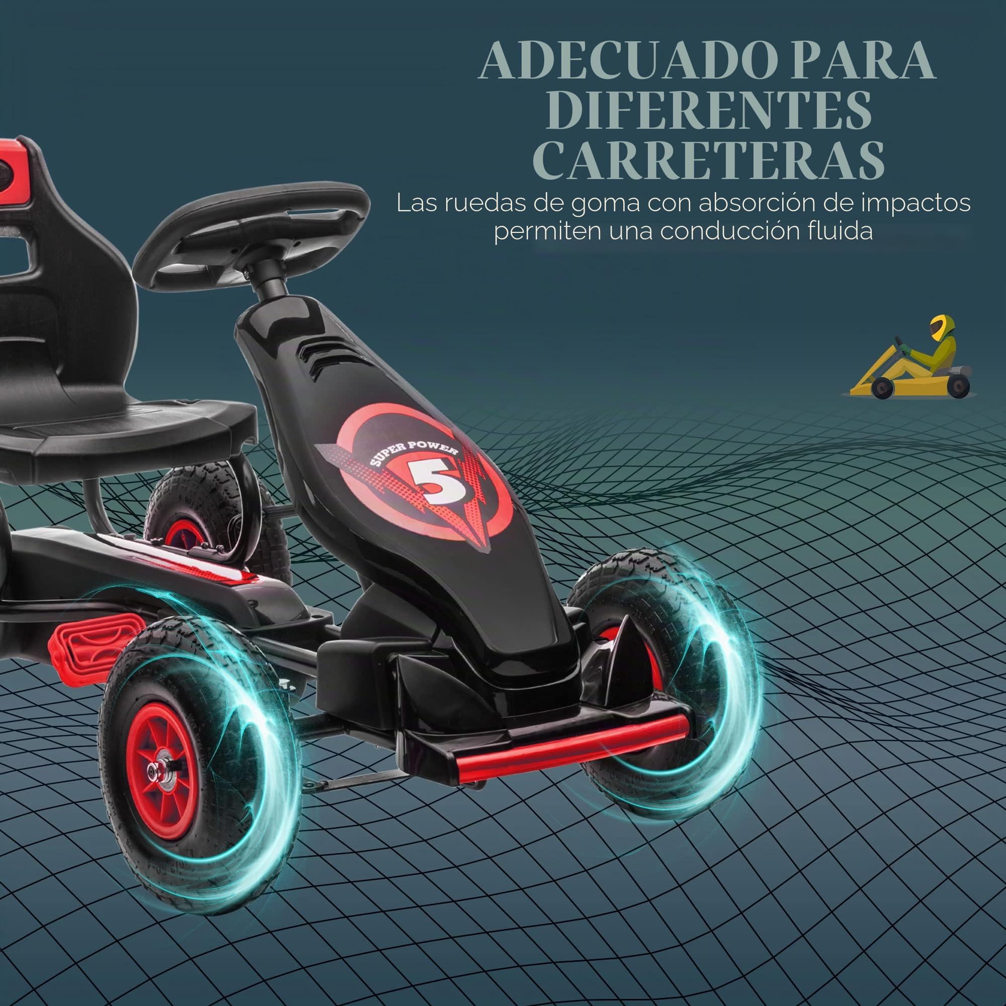 HOMCOM Go Kart a Pedali per Bambini 5-12 Anni con Sedile Regolabile, 50 kg Portata, Veicolo a Pedali per Bambini con Marcia, Avanti, Retromarcia, Freno a Mano e Ruote in EVA Antiscivolo, Rosso
