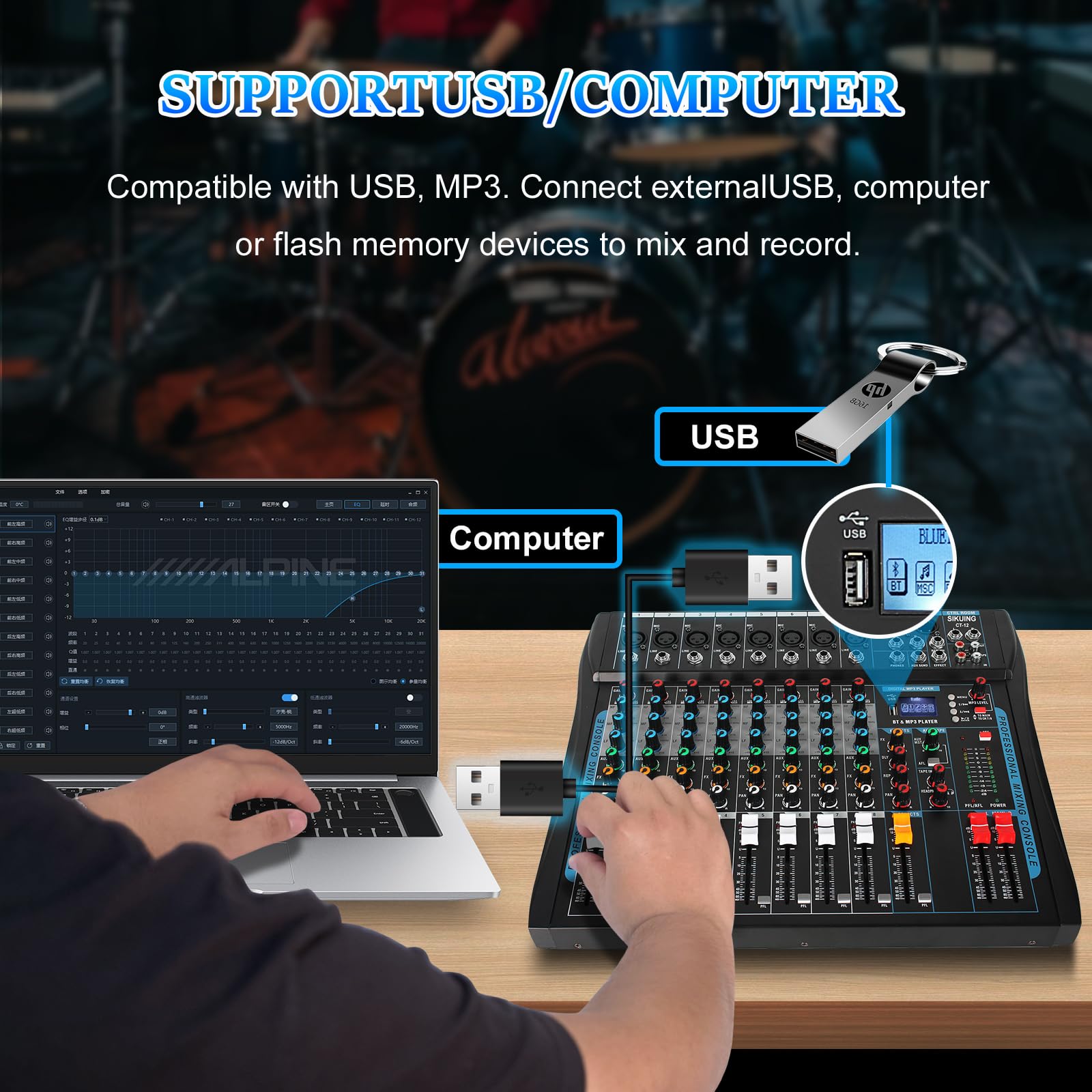 8-K-Audio-Mixer, Soundboard-Mixer, 16 DSP-Effekt-Audio-Interfacer mit USB-Laufwerk für Computeraufnahmen, 48 V Leistung, XLR-Mikrofonanschluss, DJ-Mixer für