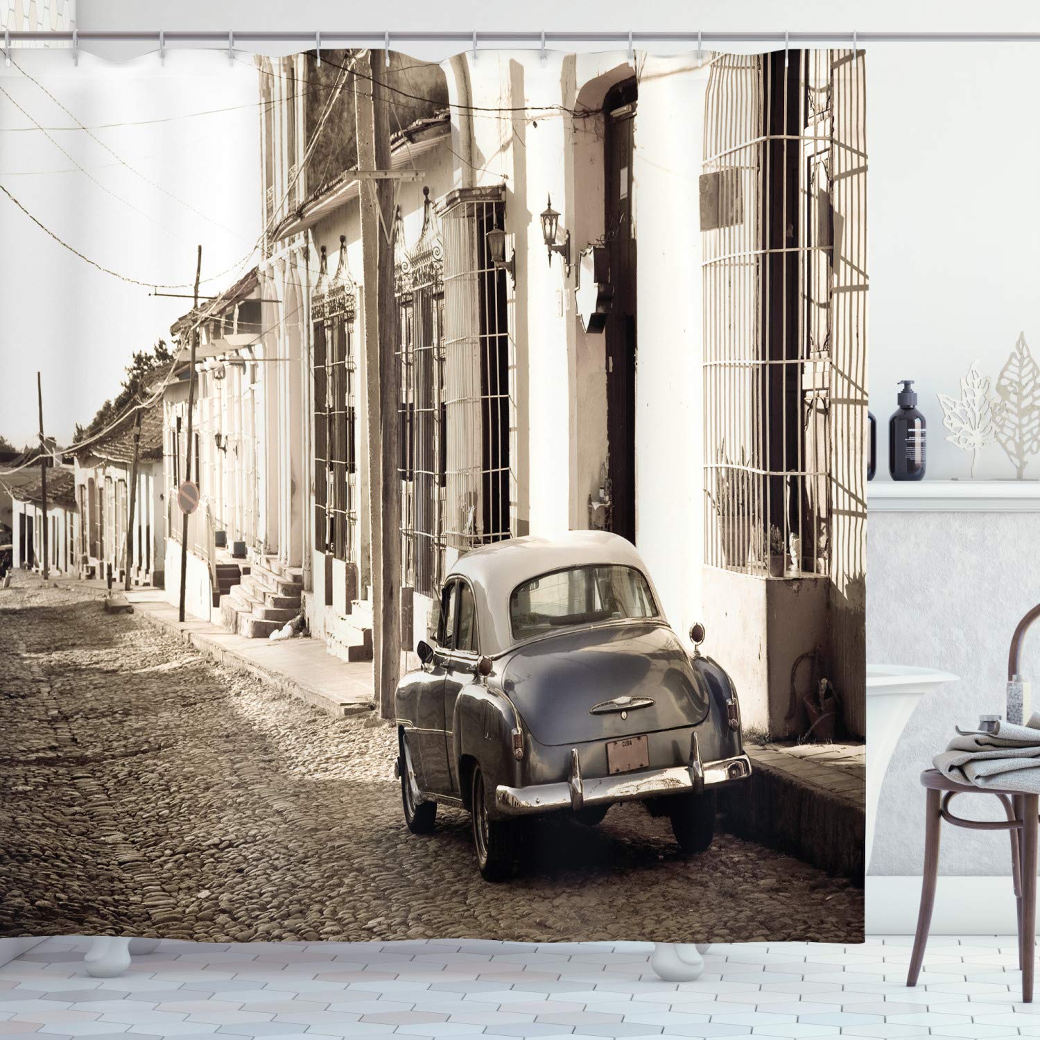 ABAKUHAUS Vintage Car Shower Curtain, Old AmericCar in the Colonial Streets of Trinidad in Cuba Historical Picture, Cloth Fabric Bathroom Decor Set with Hooks, 70 Inches, Beige — image 1