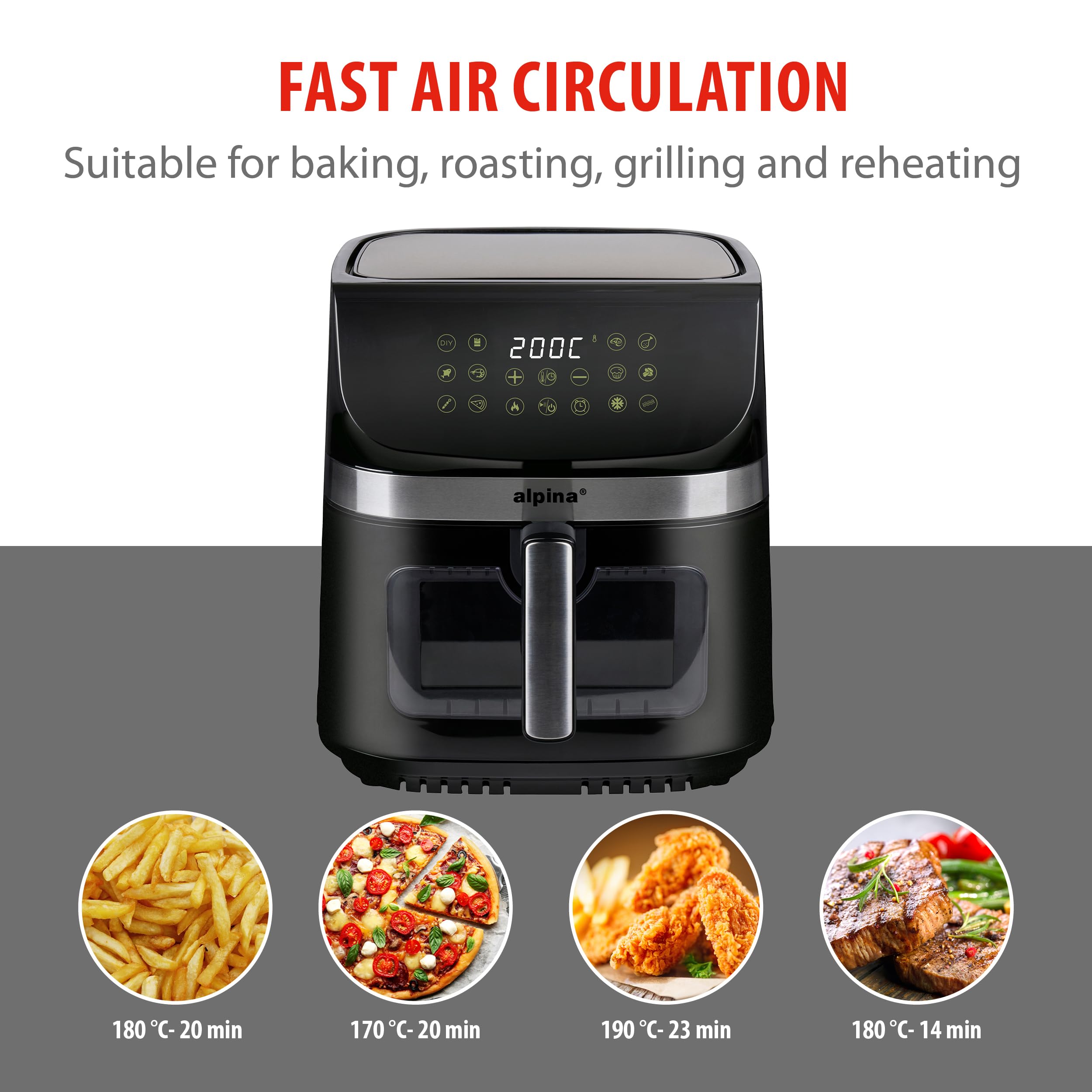 Alpina Airfryer XXL - frytkownica na gorące powietrze 9 l, frytkownica powietrzna z cyfrowym wyświetlaczem, frytkownica na gorące powietrze z timerem i temperaturą od 60 do 200°C, z 8 programami