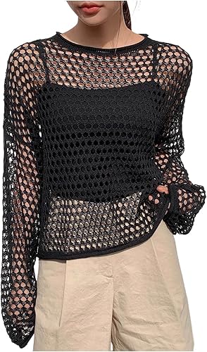Verdusa Women's Hollow Out Lightweight Sweaters Spring Knit Pullovers Vacation T
