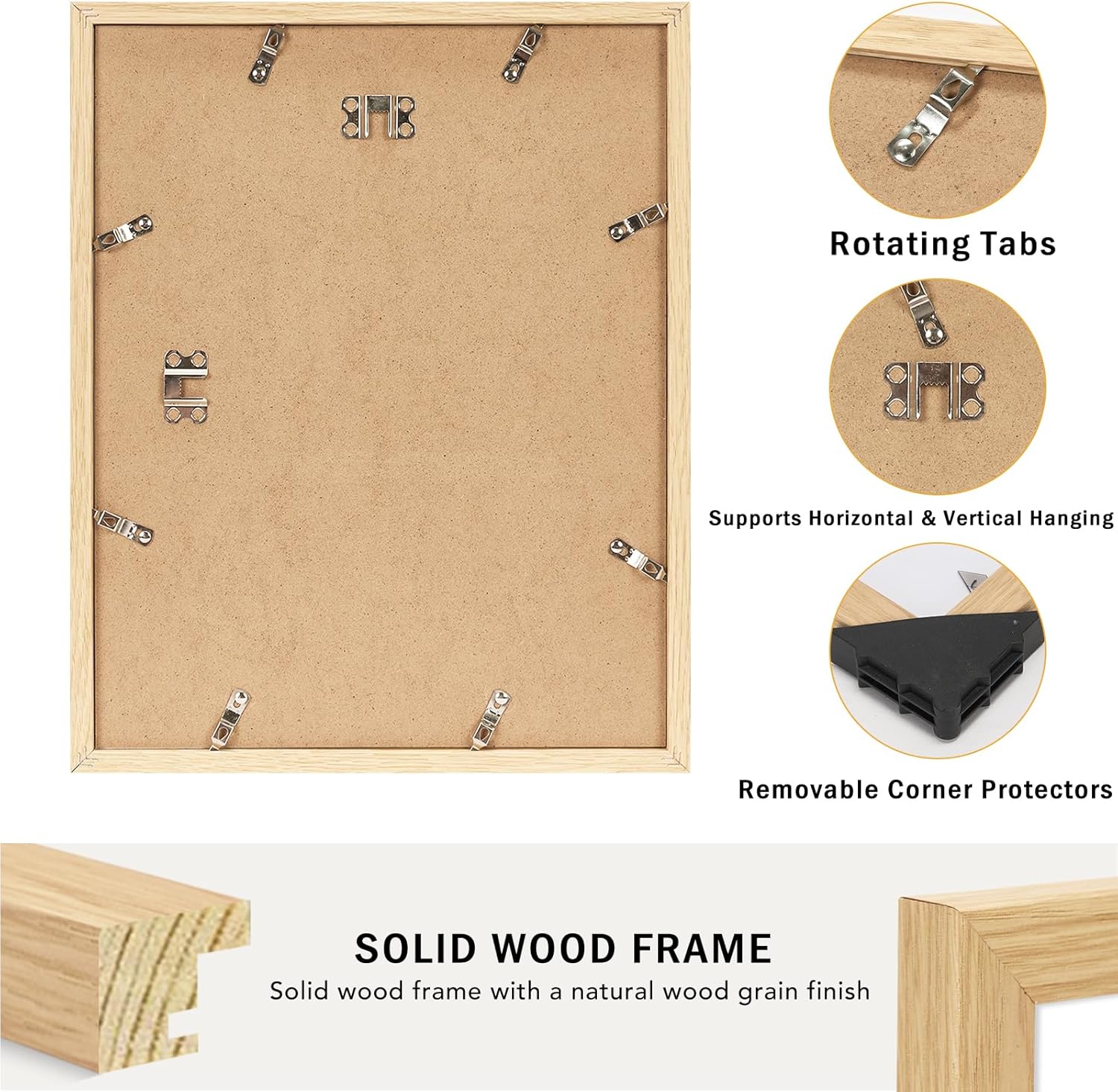 JCJMY 11x14 Picture Frame, Solid Wood Frame Set of 3, Display 8x10 with Mat or 11 x 14 without Mat, Wooden 11 by 14 Photo Frame with Shatter Resistant Plexiglass for Wall Hanging, 3 Pack, Natural