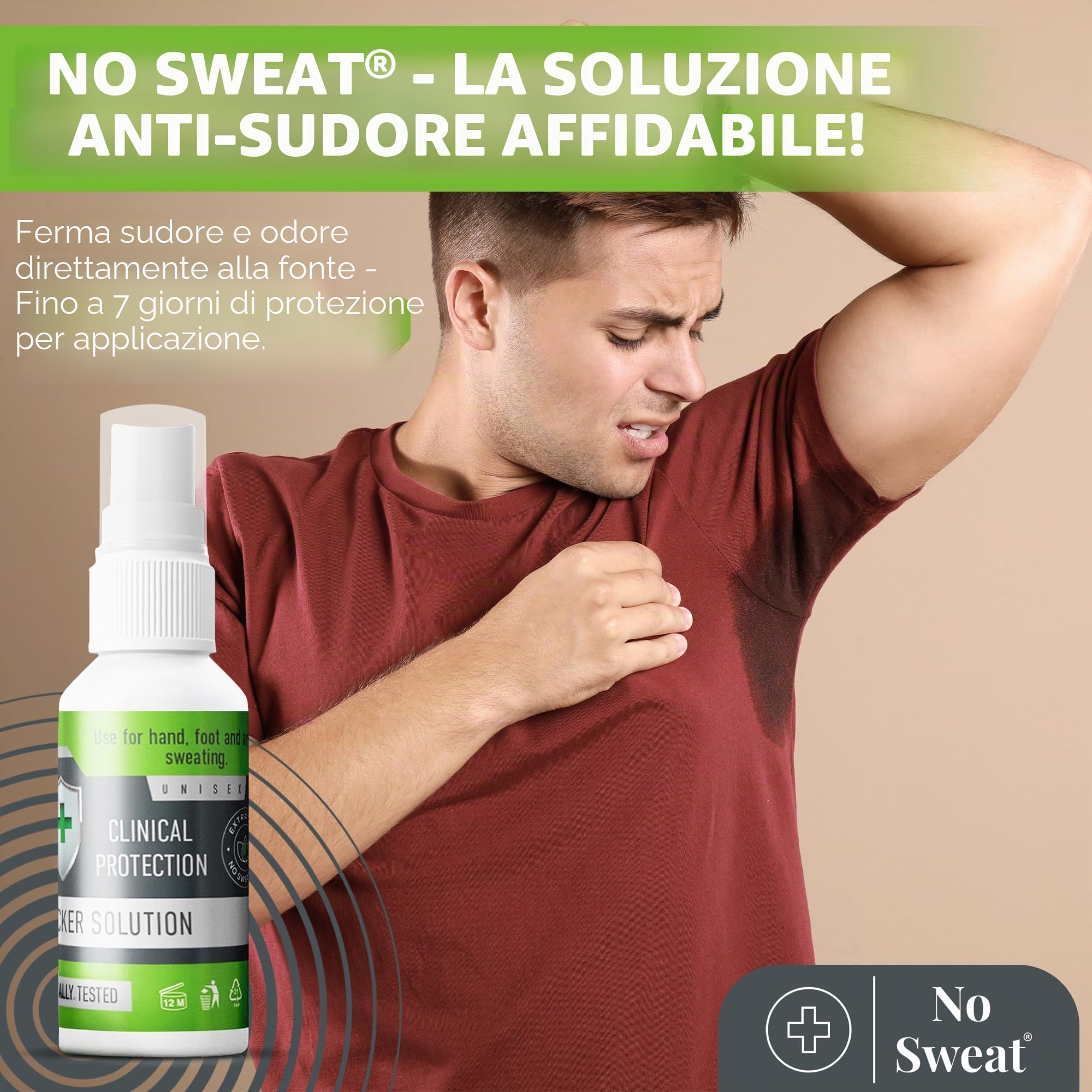 NO SWEAT Massima forza, potente deodorante per il trattamento di sudorazione eccessiva e iperidrosi, dura fino a 7 giorni -50 ml)