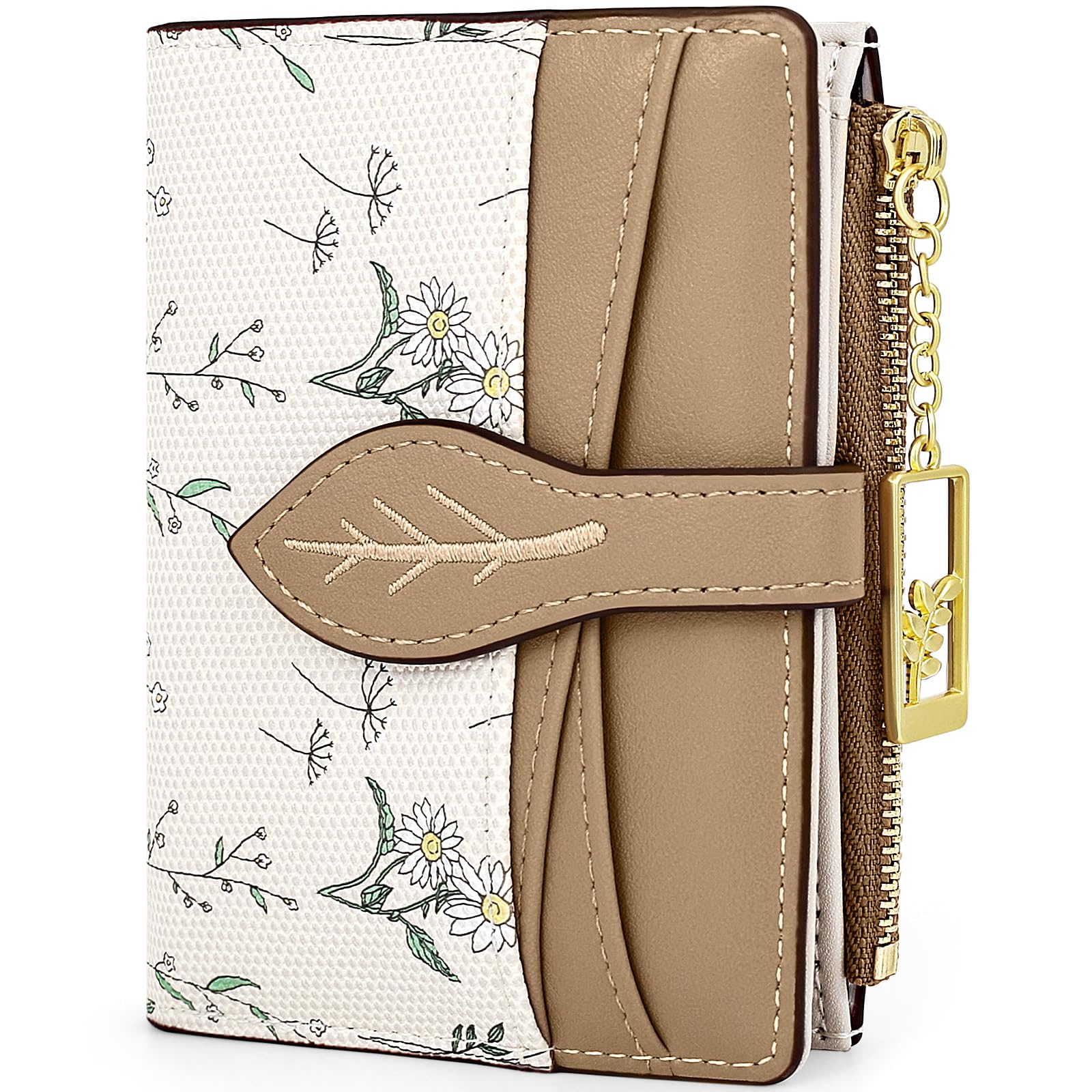 Busnos Geldbörse Damen Geldbeutel Klein Portemonnaie Damen Mini Portmonee for Women Geldbörsen Blüten in Braun mit Münzfach und Kartenfächern Portemonnaie aus PU Leder