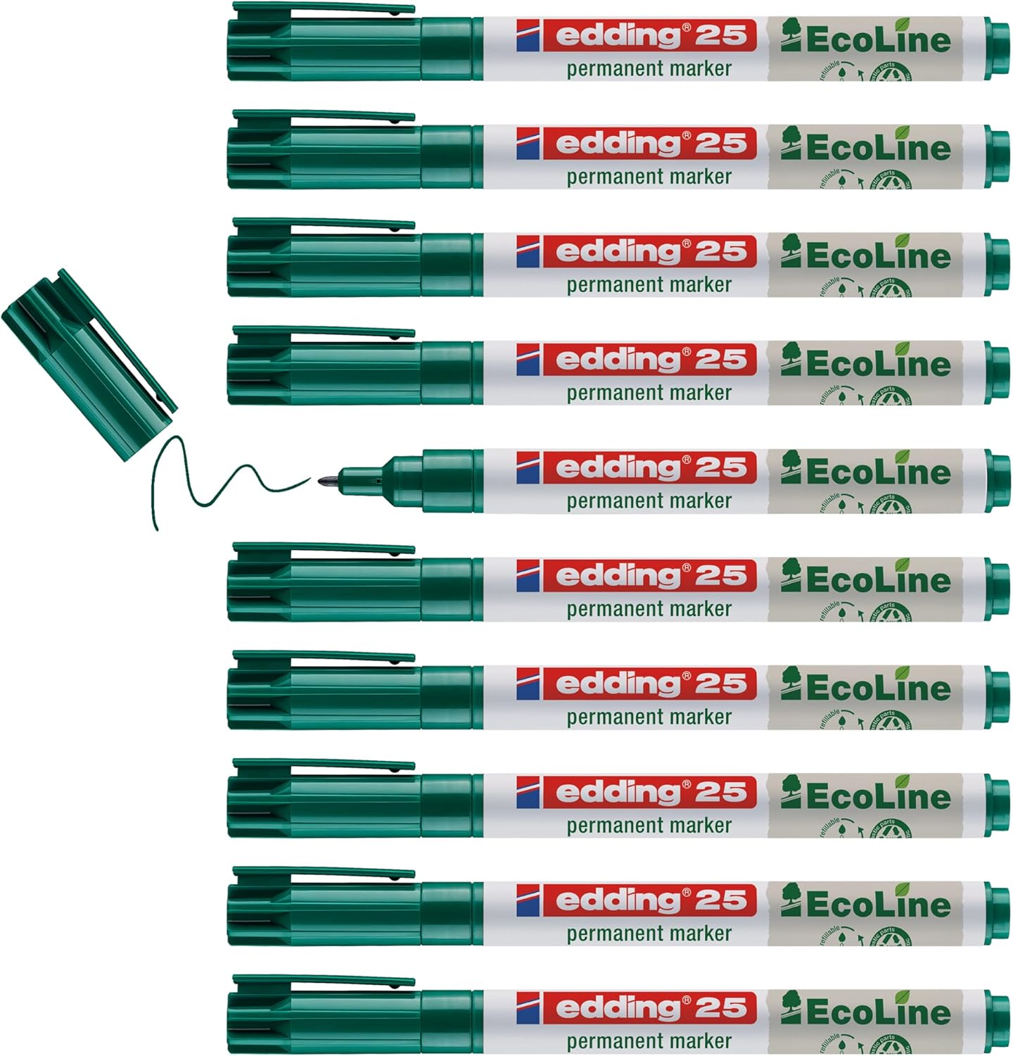 edding 25 Ecoline permanent marker - zwart - 10 stiften - fijne ronde punt 1 mm - sneldrogende permanent marker - watervast en wrijfvast - voor karton, kunststof, hout, metaal - universele marker
