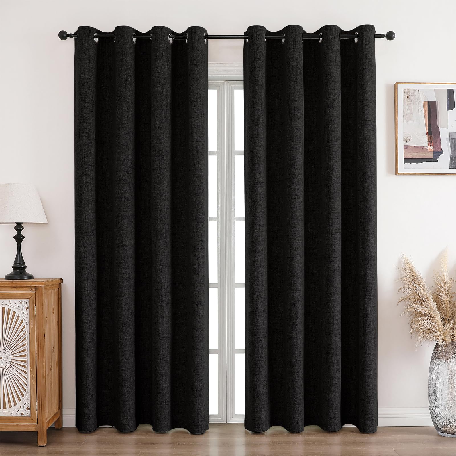CUCRAF 100% Blackout Curtains Black 90 Inch Drop 2 Panels Soft Texture Energy Saving Sun Blocking Thermal Eyelet Curtains for Bedroom Living Room 90 X 90 Inch
