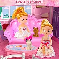 Vista 2 de Casa de Muñecas Doloowee para Niñas, Casa de Muñecas de 4 Pisos y 10 Habitaciones con 2 Princesas, Tobogán y Accesorios, Juego de Juguete para Casa