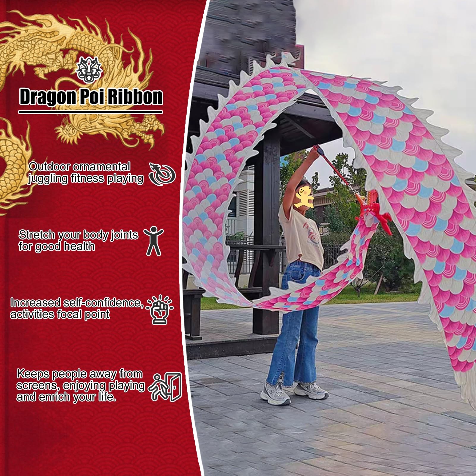 ROYUMI Cerf Volant Petit Poi de Dragon Nuage Magique Rose, Ruban de Soie Lavable Extérieur 2m / 3m / 5m pour Enfants, Petite Banderole de Dragon à Lancer avec Écailles de Dragon (Size : 2 m (6.6 ft))