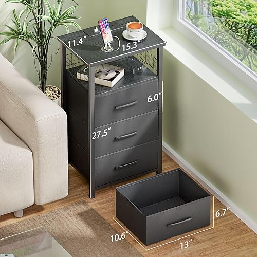 Miniatura 3 de Juego de 2 mesitas de noche con estación de carga, juego de 2 con tira de luz LED de 20 colores, 3 cajones de tela, mesita de noche con puertos USB