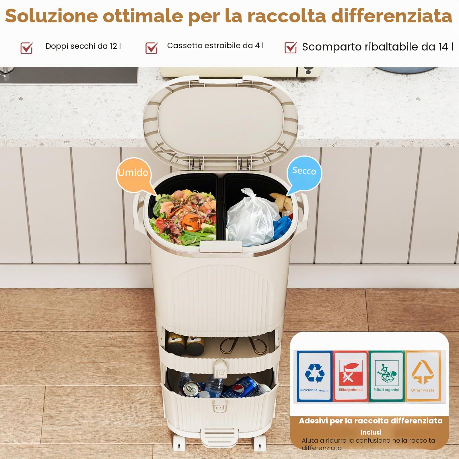 GIANTEX Pattumiera da cucina, 3 scomparti, 42 l, pattumiera con rotelle, pattumiera a pedale con pedale a piedi e maniglia, pattumiera da cucina in plastica, contenitore per rifiuti