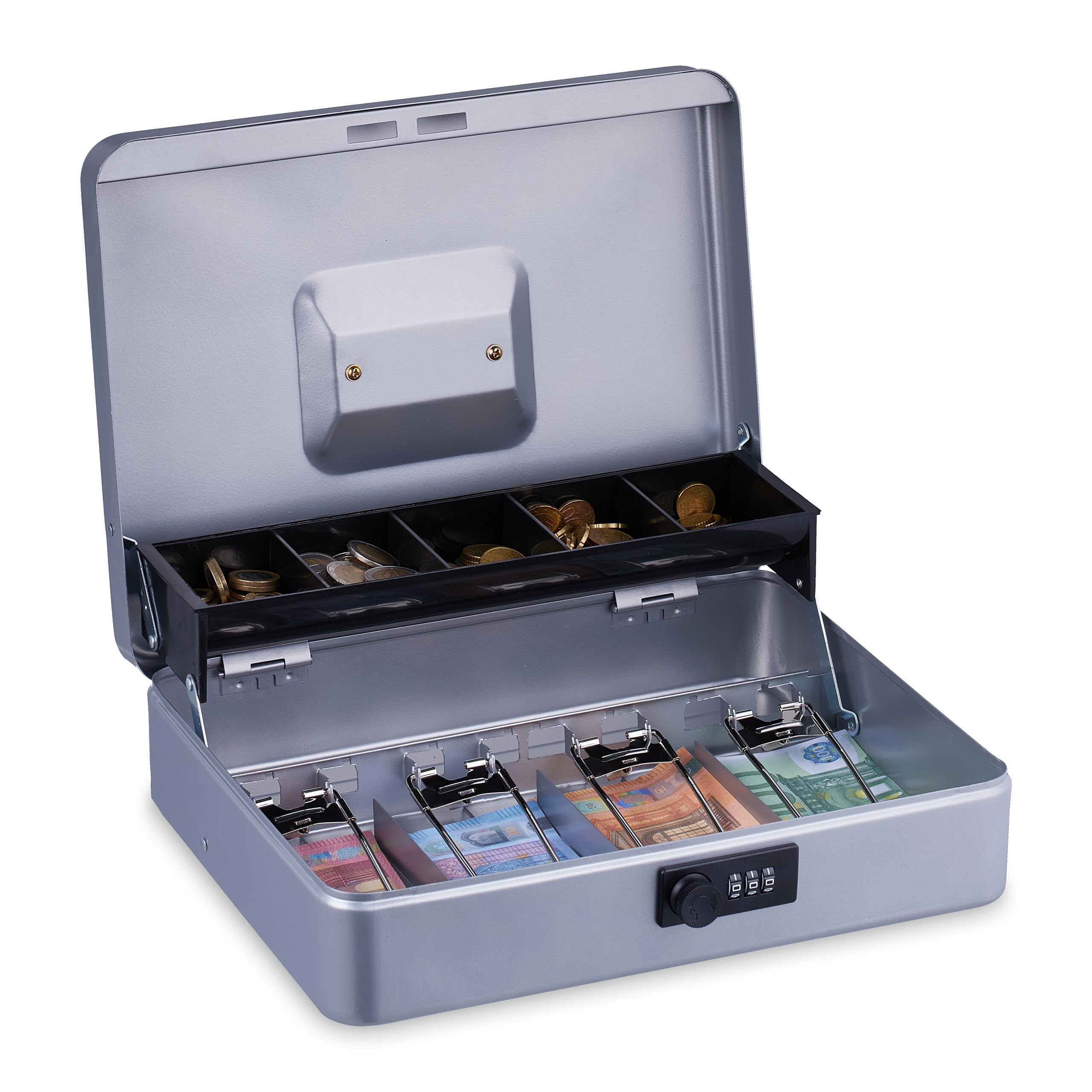 Relaxdays cash box, 3-digit combination, coin insert & 4 note compartments, lockable cash box, silver