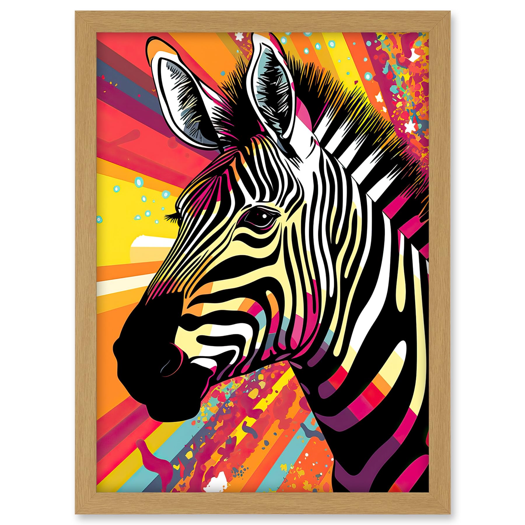 Artery8 Zebra Portrait Vibrant Colourful Stripes Bright Bold Psychedelic Rainbow Artwork Framed A3 Wall Art Print