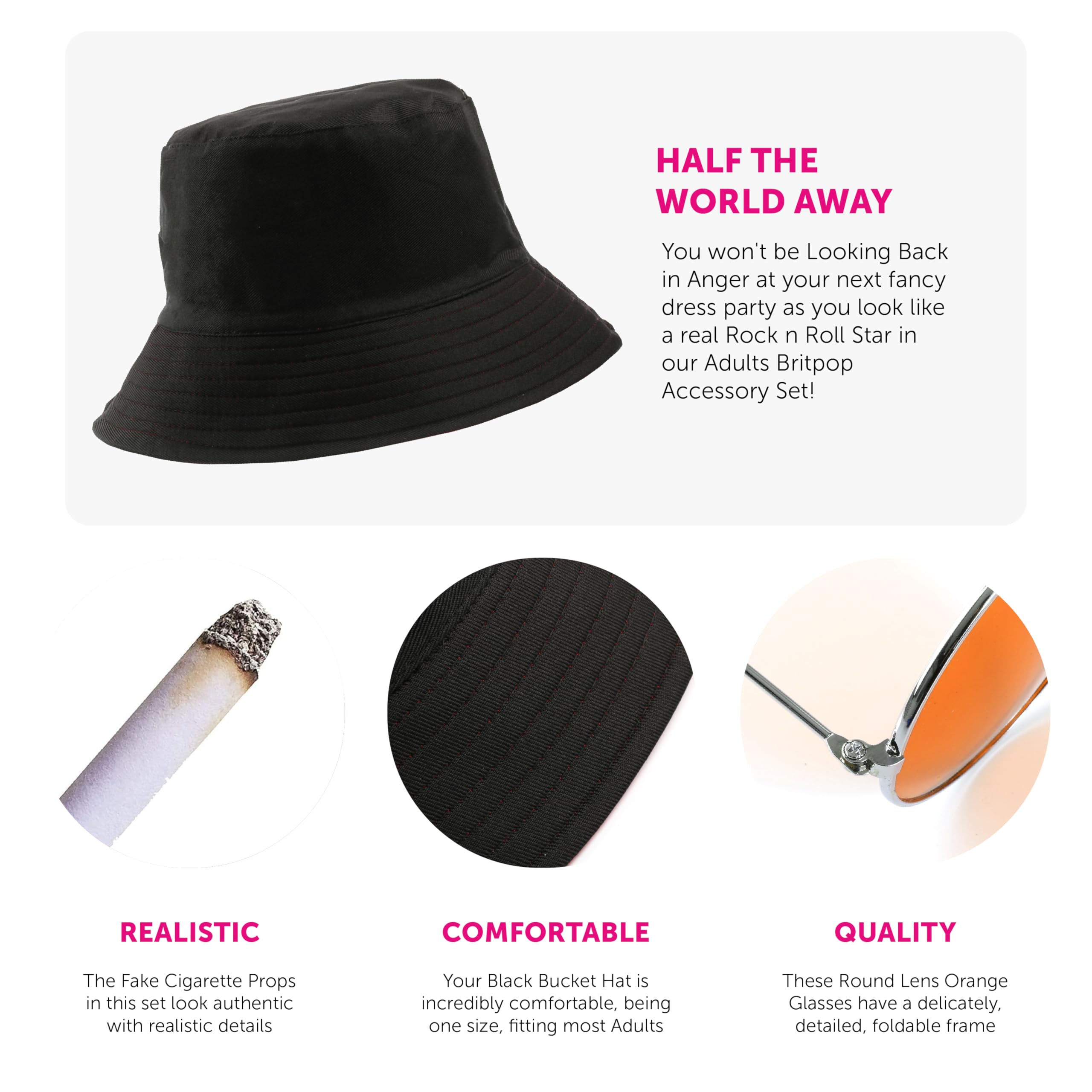 Adults Rock Band Accessory Set, Black Bucket Hat, Round Orange Glasses, 2 Fake Cigarettes - Image 2