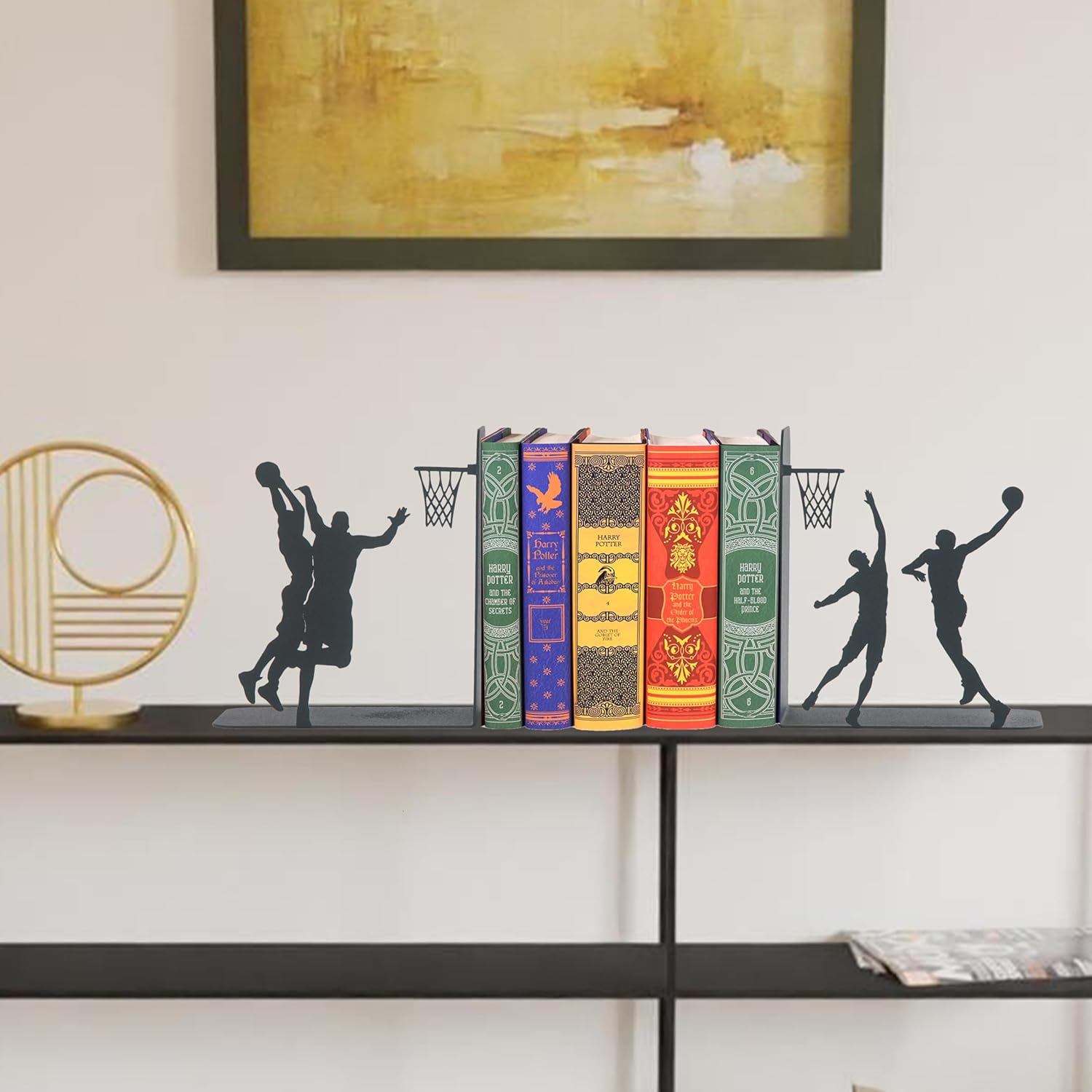 Bookends with Basketball Players Figured, Sports Players Bookend for Fans, Basketball Players Silhouette Book Supports for Kids, Best Gift for Boys, Decorative Slam Dunk Scene Book Holders