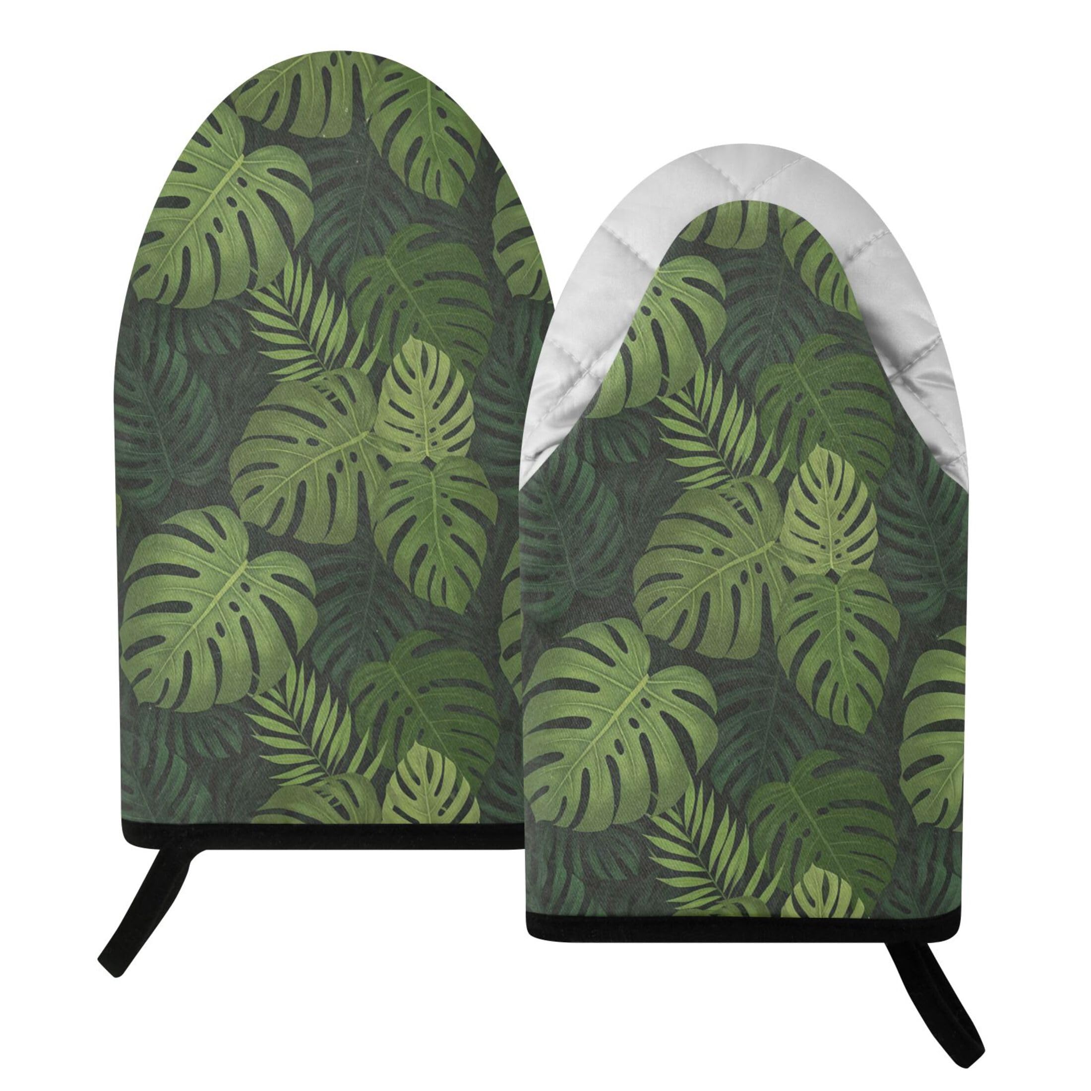 Kutsu Palm Leaves Oven Mitts for Kitchen, Heat Resistant Cotton Oven Gloves for BBQ Baking Cooking, Breathable Kitchen Essentials, 2 pcs