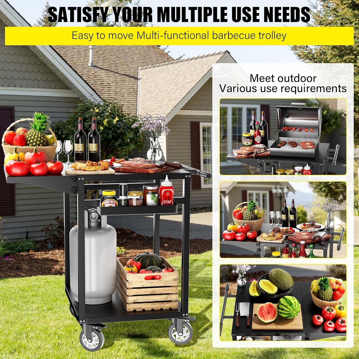 VELPAX Carrello Barbecue, Carrello di Servizio con Pannello Laterale Pieghevole, 87 x 62 x 89 cm Tavolo da Barbecue con Ripiani Regolabili, Ruote, Maniglia per Casa Cortile Patio e Giardino