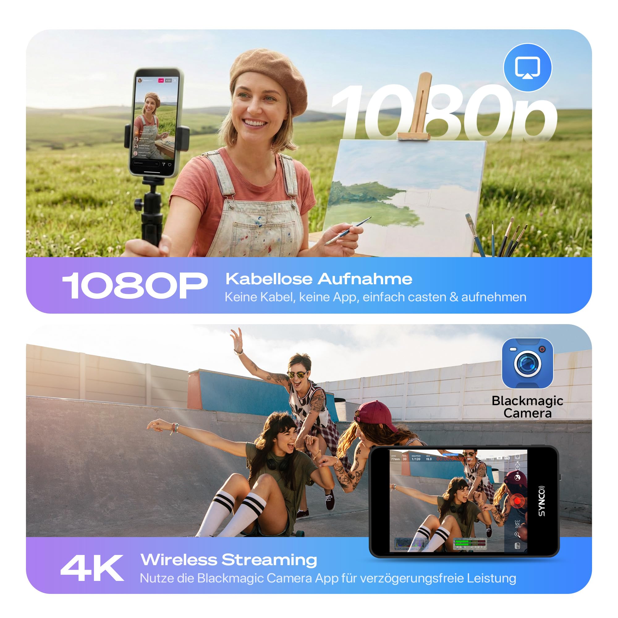 SYNCO XView Handy Selfie Monitor mit Touchscreen für iPhone 7-17 & Samsung, Magnetischer Smartphone Vlog Bildschirm, Kabellos 50M 3H Akku, mit Lautsprecher für TikTok YouTube Livestream (Schwarz)