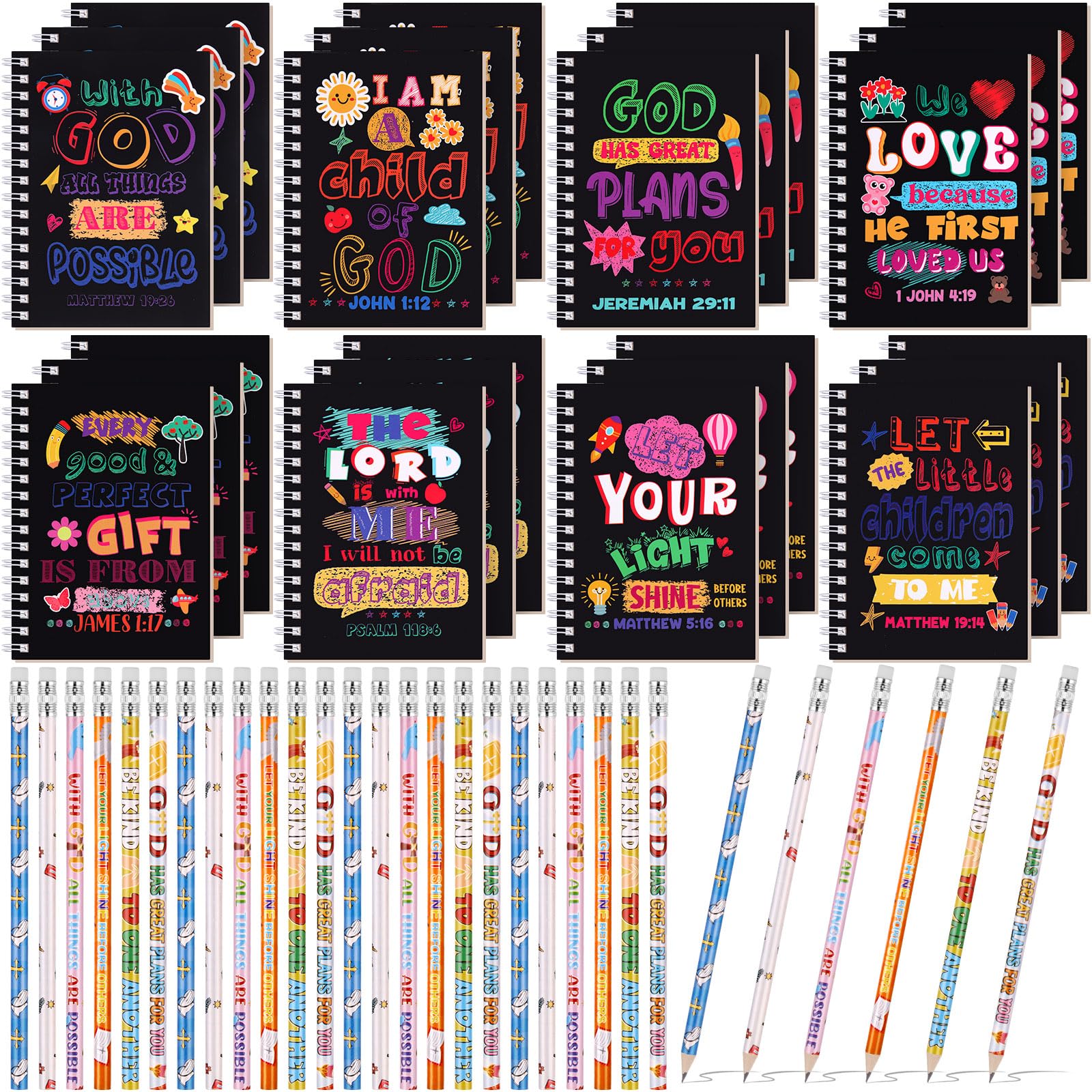 Crtiin 48 Pcs Include 24 Bible Verse Notepad 24 Pencils Kids Christian Church Gifts Students Classroom Award Religious Notebook Bible Pencils Prayer