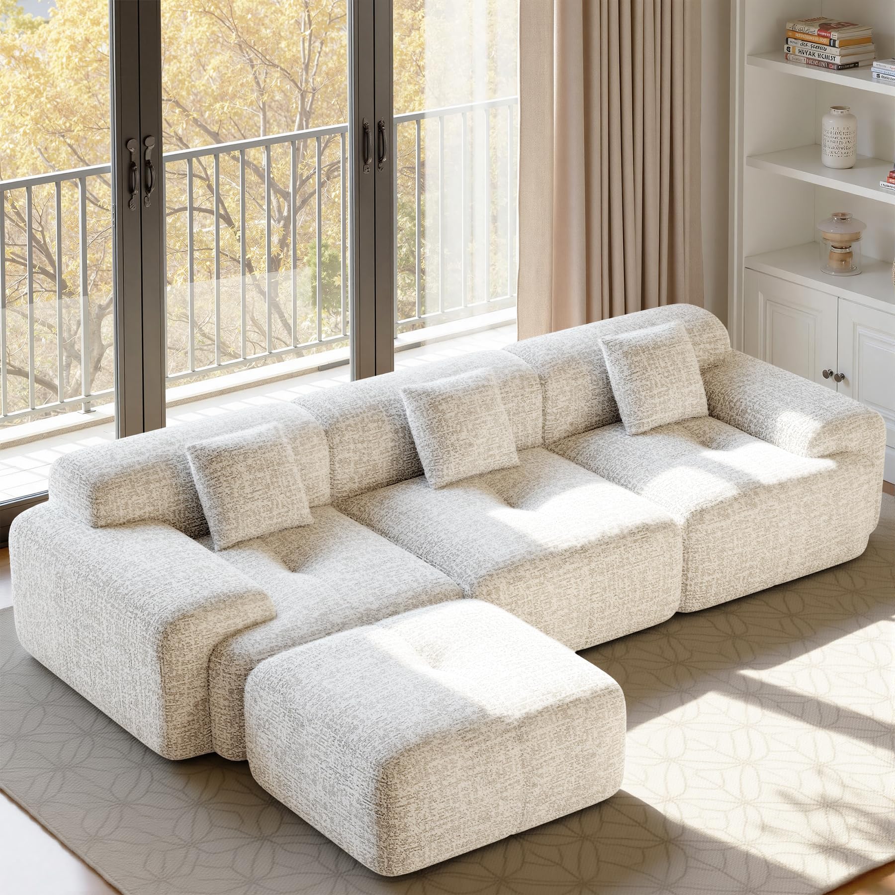 Nebuaegis 122 Inch L Shaped Convertible Modular Cloud Couch in Beige