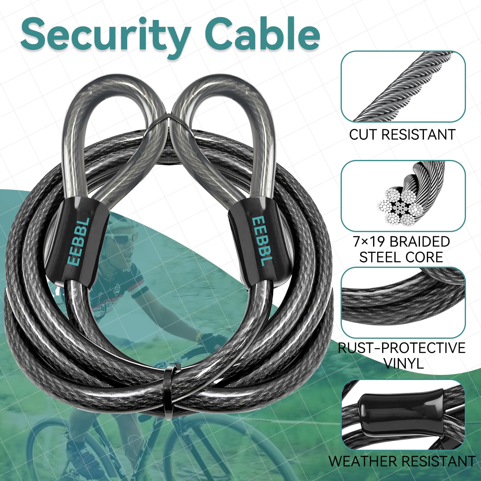 Cavo passante, 4,6 m x 12 mm, corda in acciaio rivestita in plastica, lucchetto per proteggere la tua bicicletta, fusibile per biciclette/moto/ebike (15 FT)