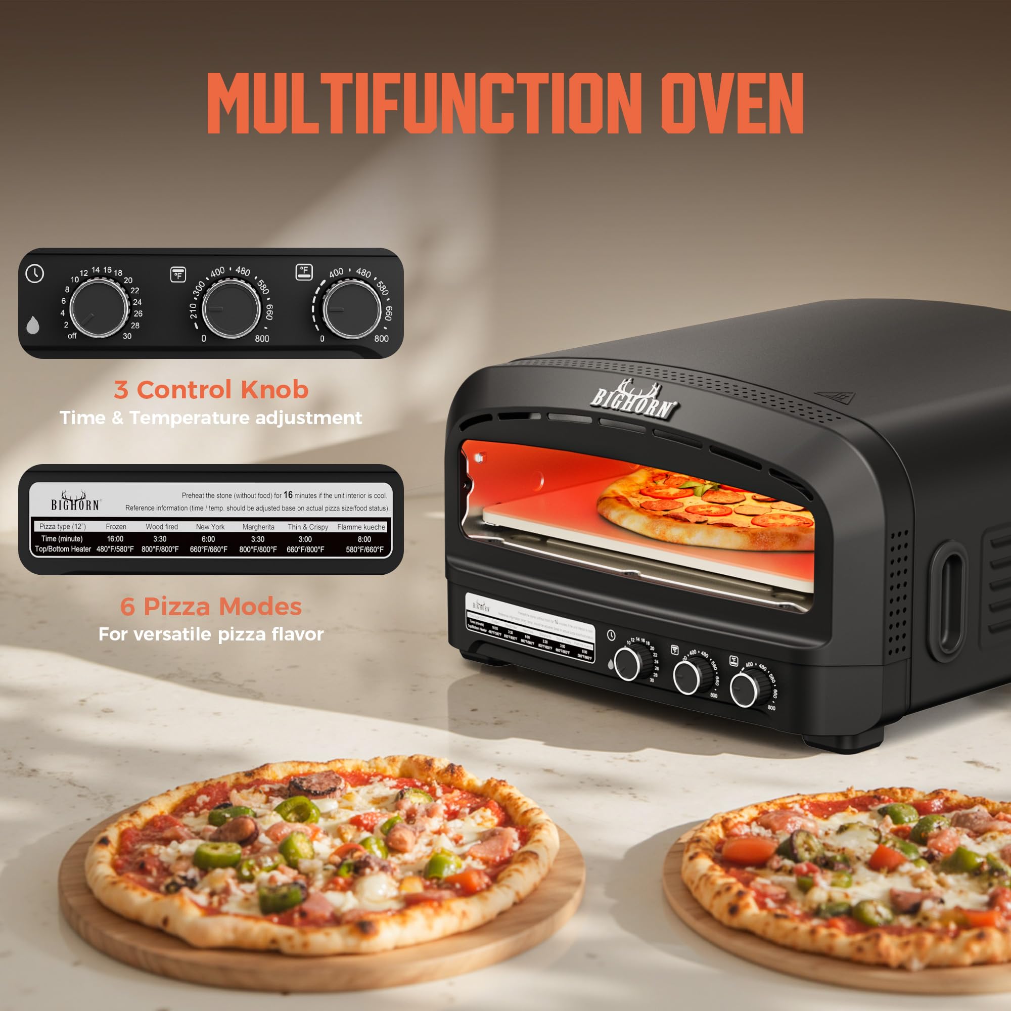 BIG HORN Horno de pizza para interior, horno eléctrico de 14 pulgadas con 6 modos, calienta hasta 1000 grados Fahrenheit, cocina de pizza con diseño abatible para cocina en casa, restaurantes, fiestas