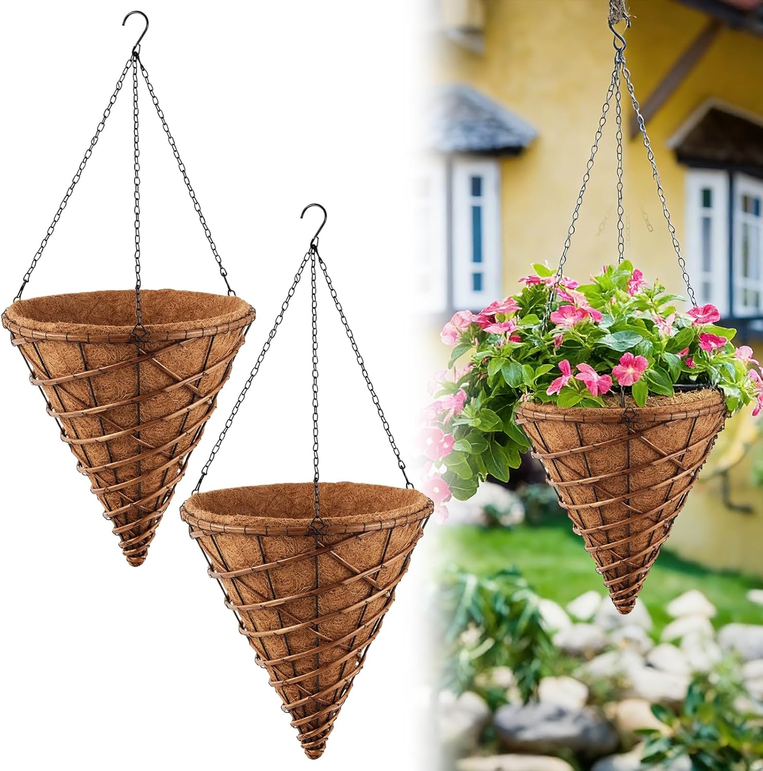 2 Pack 14" Cone Rattan Coco Moss Hanging Basket with Wire Hanger and Liner Heavy-Duty Wicker Hanging Planters with Coco Liner Plant Pot Flower Metal Wire Holder for Plant Balcony