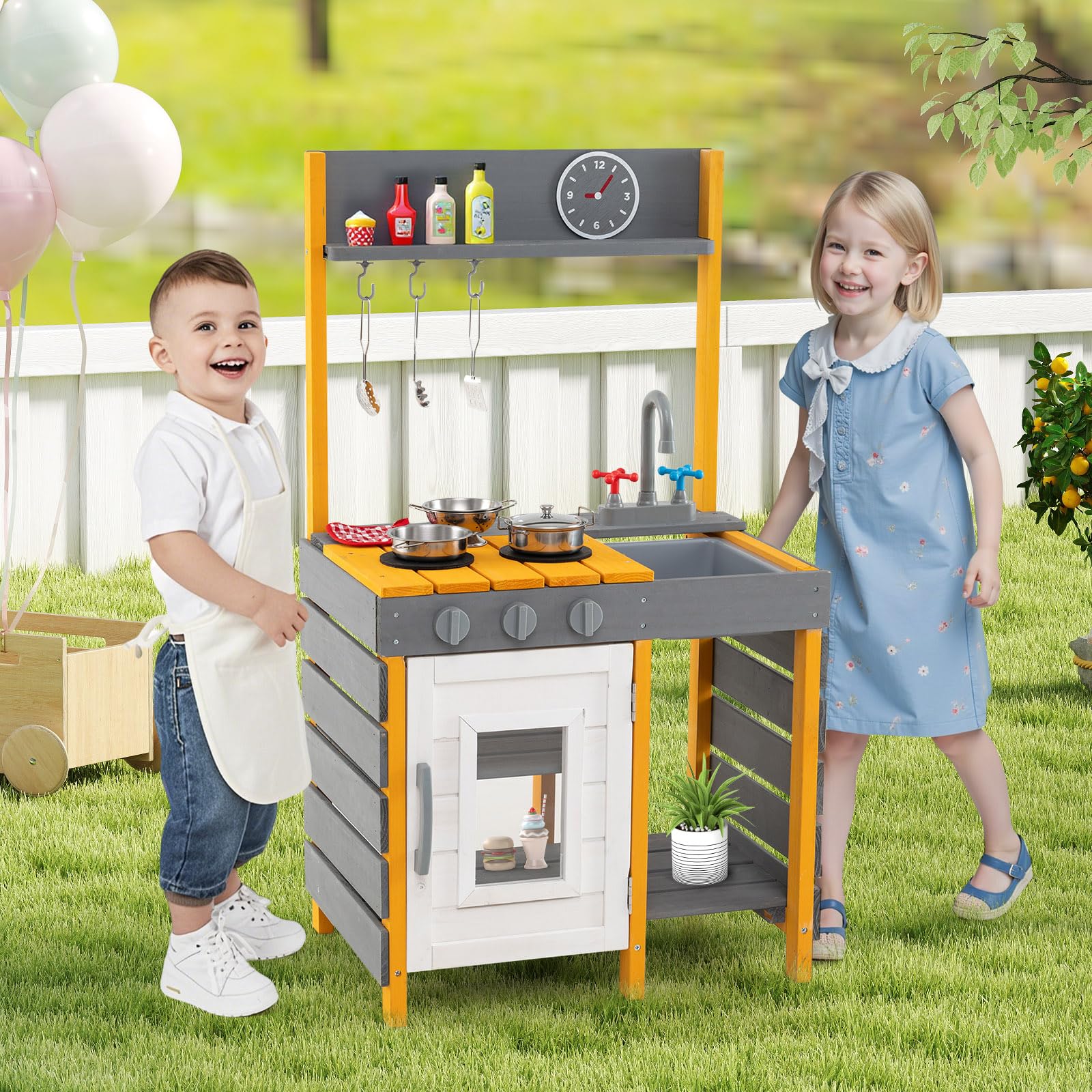 COSTWAY Matschküche Kinder Outdoor, Spielküche mit Herd & Abnehmbarer Spüle & Wasserhahn, Outdoor Kinderküche mit Kochzubehör & Haken, Outdoorküche für ab 3 Jahren