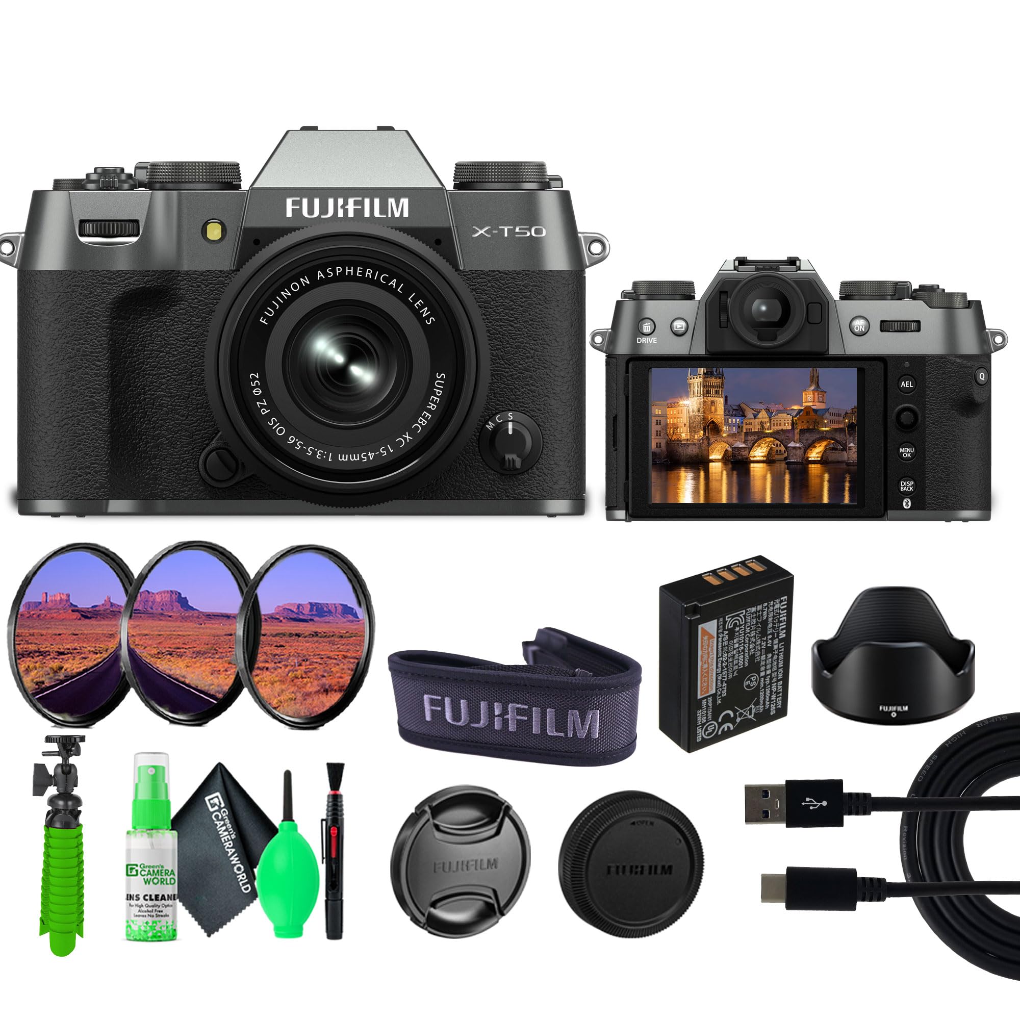 Fujifilm X-T50 Mirrorless Digital Camera XC15-45mmF3.5-5.6 OIS PZ Lens Bundle Kit with Accessories (Charcoal Silver)