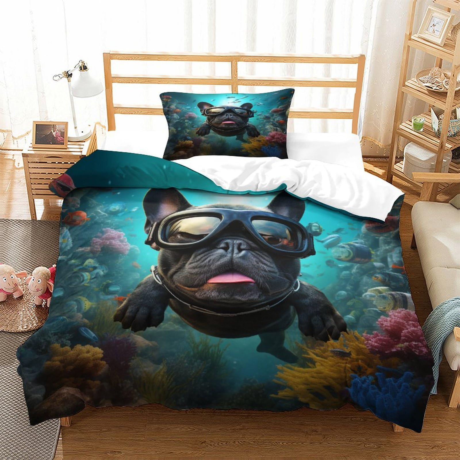 P1S9U7W5Y 3D Printed Underwater Bulldog Dog Duvet Cover Set 3 Pieces Microfiber Bedroom Decor Animal Bedding Set for Adults Teens Soft and Breathable Single（135x200cm）