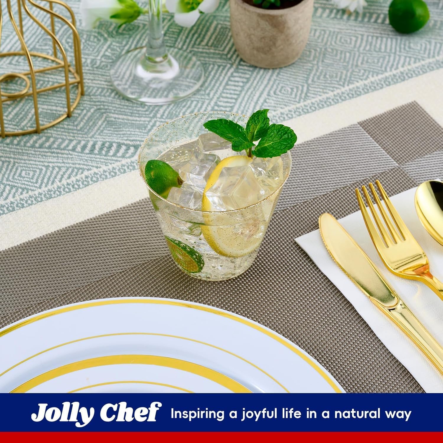 JOLLY CHEF 200 Pack 9 oz Glitter Plastic Cups, Disposable Gold Cups, Clear Plastic Tumblers for Wedding, Thanksgiving, Christmas Party - Image 5