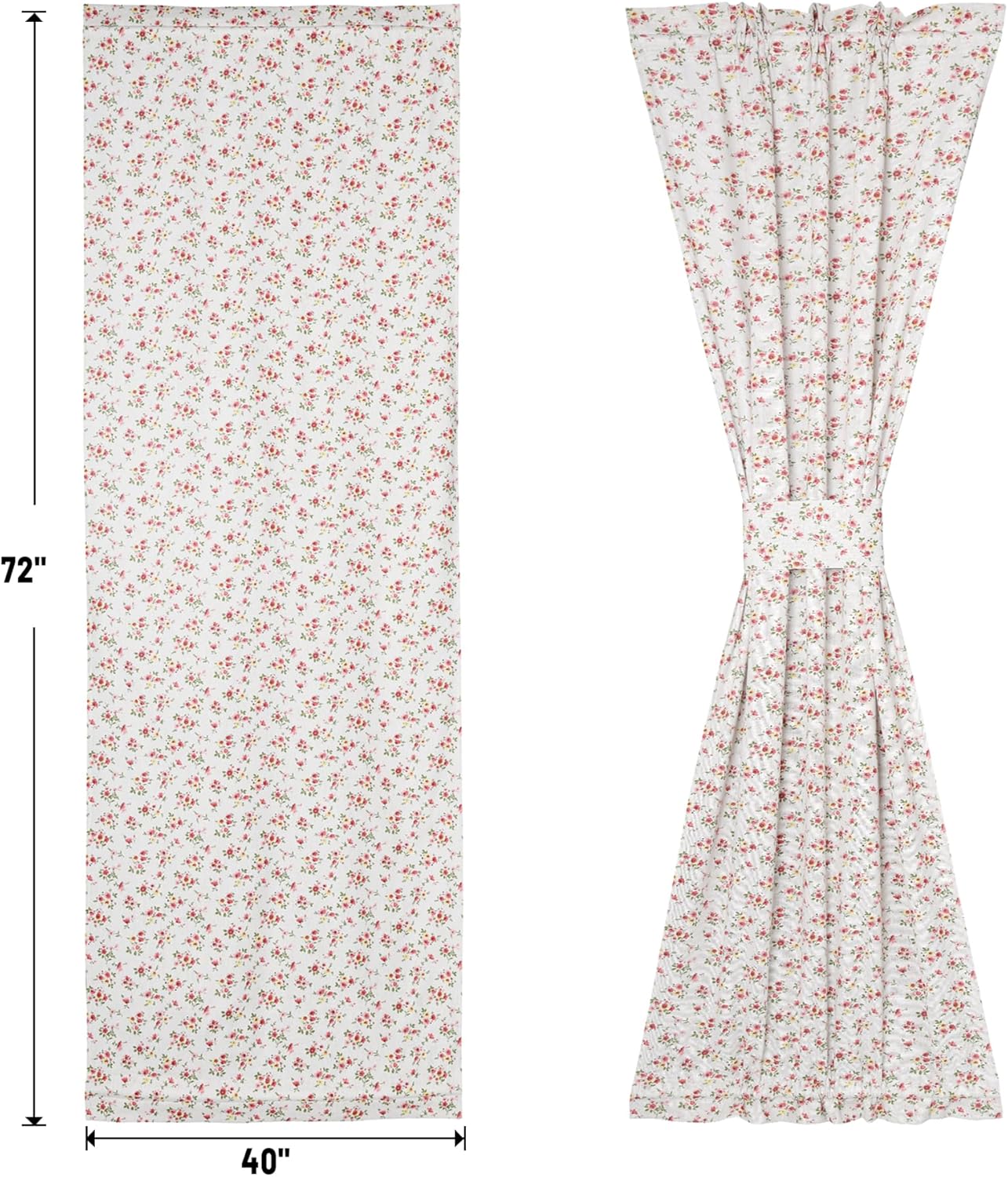 Linen French Door Curtains Set of 2, Elegant Country Style Little Pink Flower Front Door Curtain Dual Rod Pocket Tiebacks Included, 25" W x 72" L