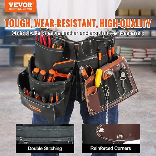 Miniatura 2 de VEVOR Cinturón de herramientas de cuero, bolsas de herramientas de enmarcar para carpintero, construcción, marcos y electricista (negromarrón)