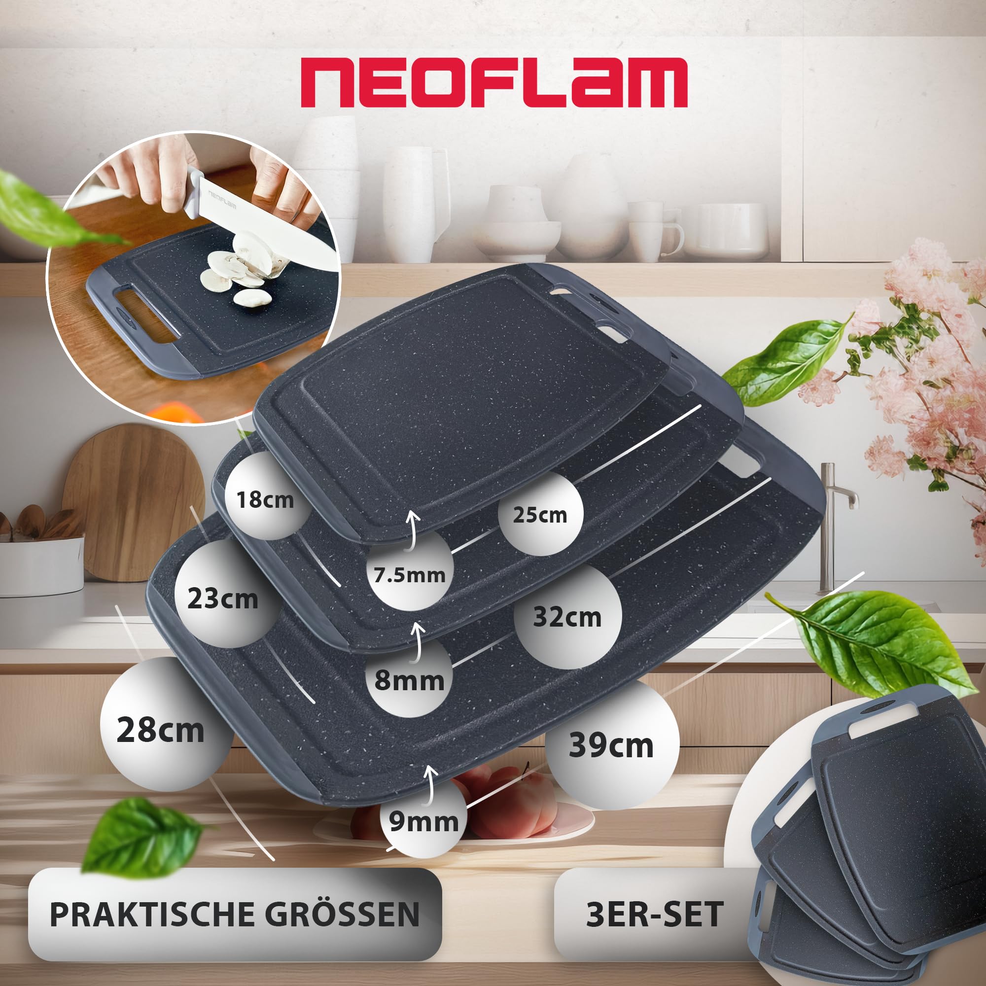 NEOFLAM® Microban® Antibacteriële snijplank, kunststof, antislip, 3