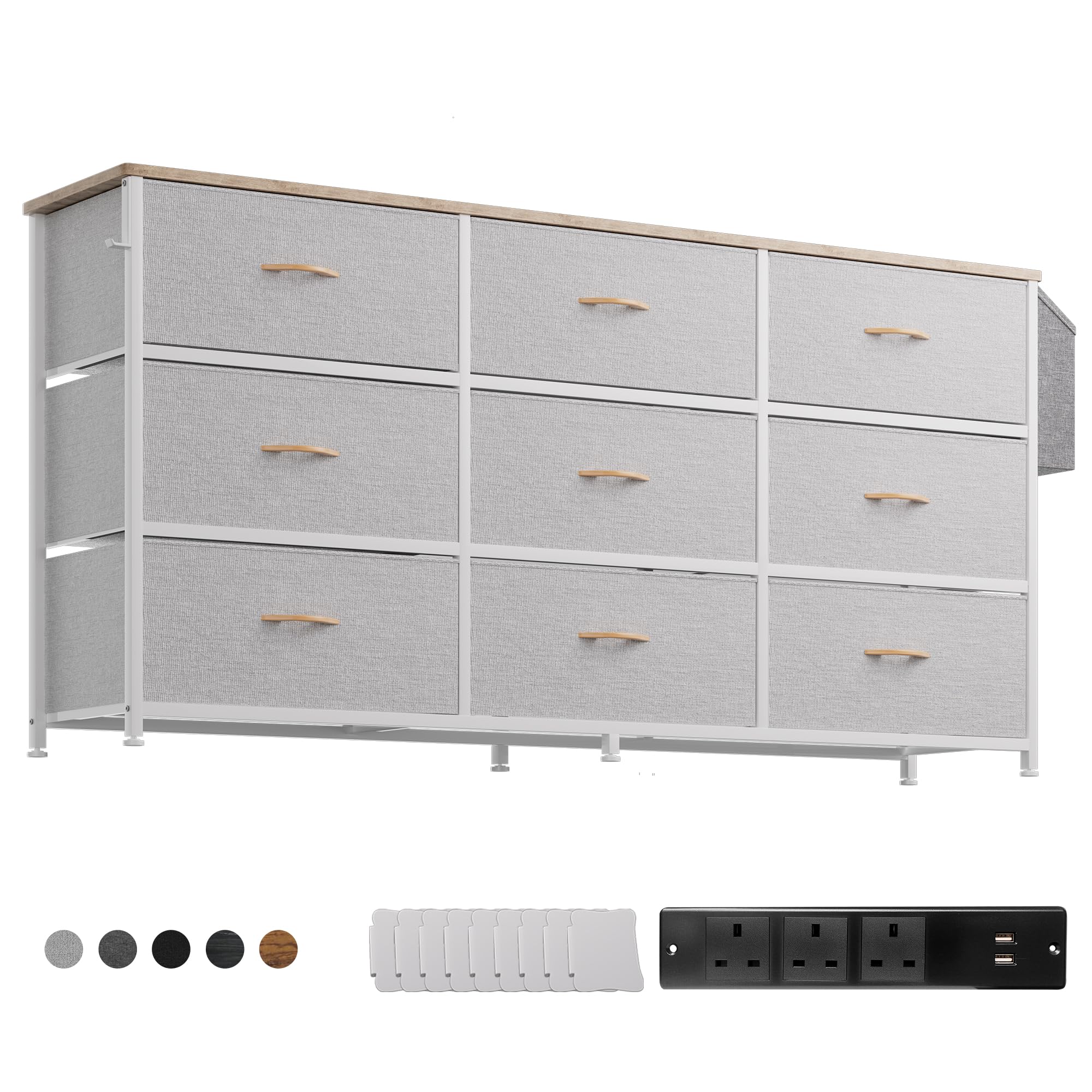 PURFINO Fabric Chest of Drawers - Large TV Stand for 43-65 Inch TVs with 9 Drawers, Label Cards, Side Pocket & Hook, Odor Free Storage Unit for Living Room, Hallway, Bedroom