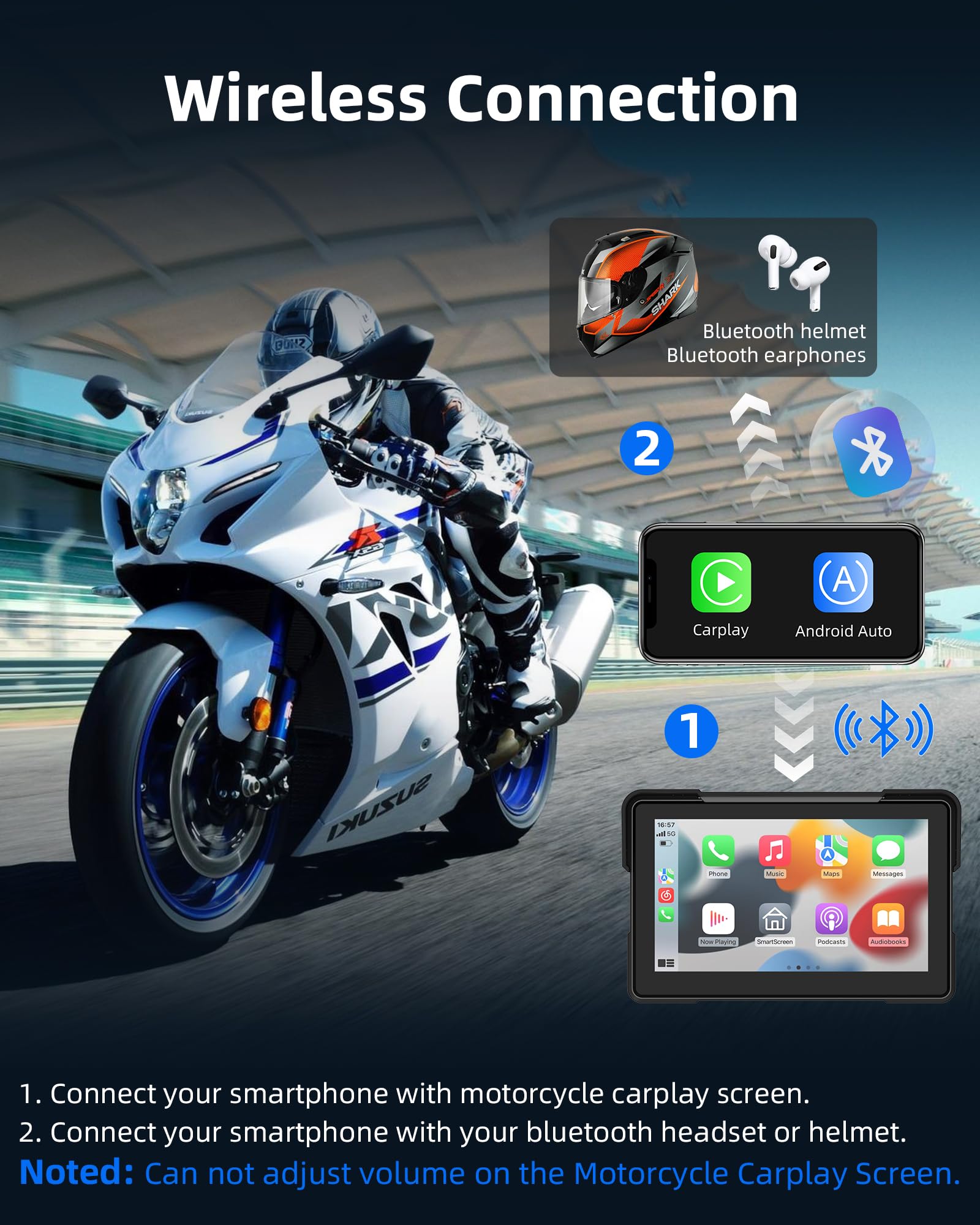 CarPlay - Motocicleta de 7 Pulgadas con cámara Dual 2K Dash CAM inalámbrica Carplay Android Auto Pantalla para Moto con navegación GPS para Motocicleta, Control de Voz, Sensor de luz, Bluetooth, TF