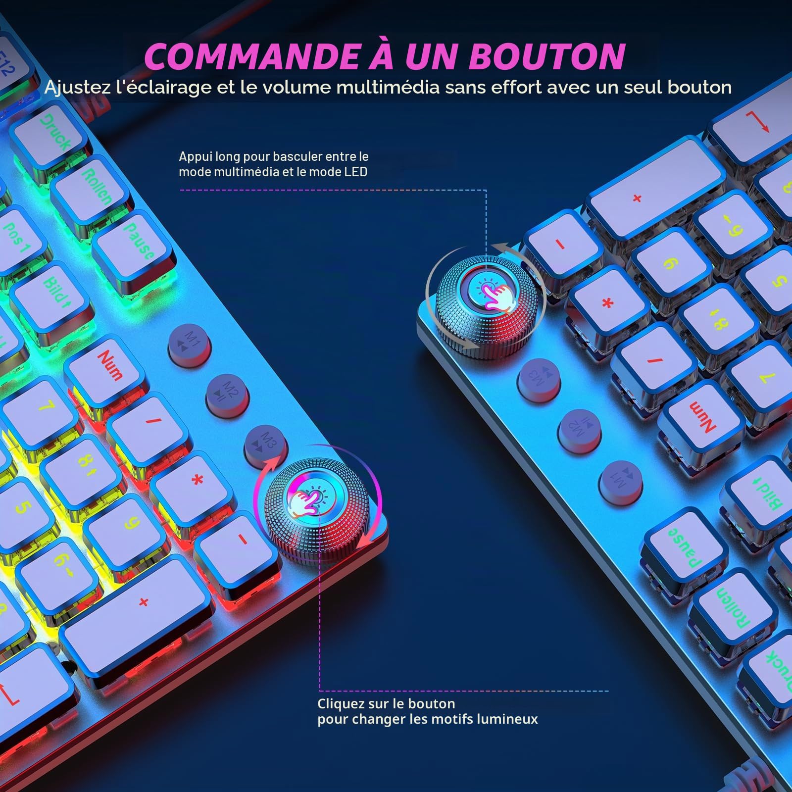 TECURS Clavier de jeu mécanique avec repose-poignet magnétique et commutateurs rouges, clavier filaire QWERTZ éclairé, 105 touches avec anti-ghosting et bouton rotatif multimédia pour PC/PS5/PS4